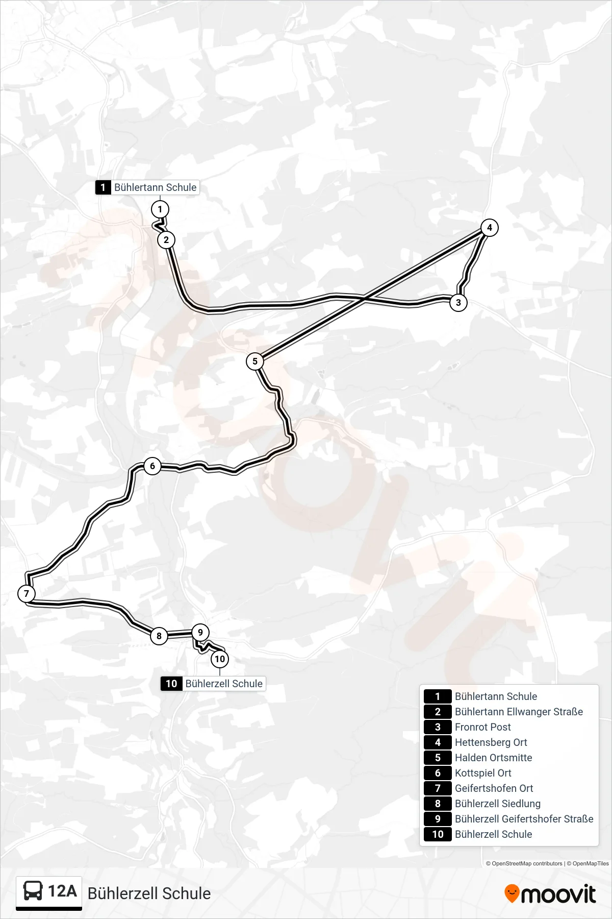 12A bus Line (Bühlerzell Schule) route and stops on a map