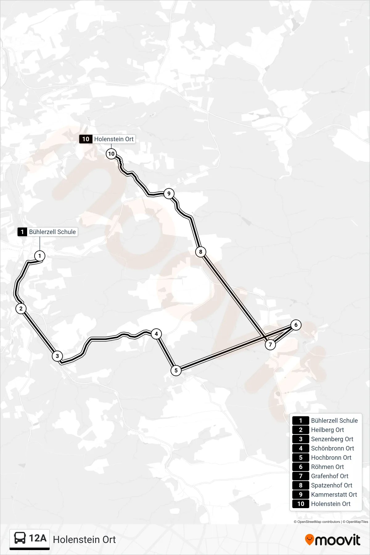 12A bus Line (Holenstein Ort) route and stops on a map