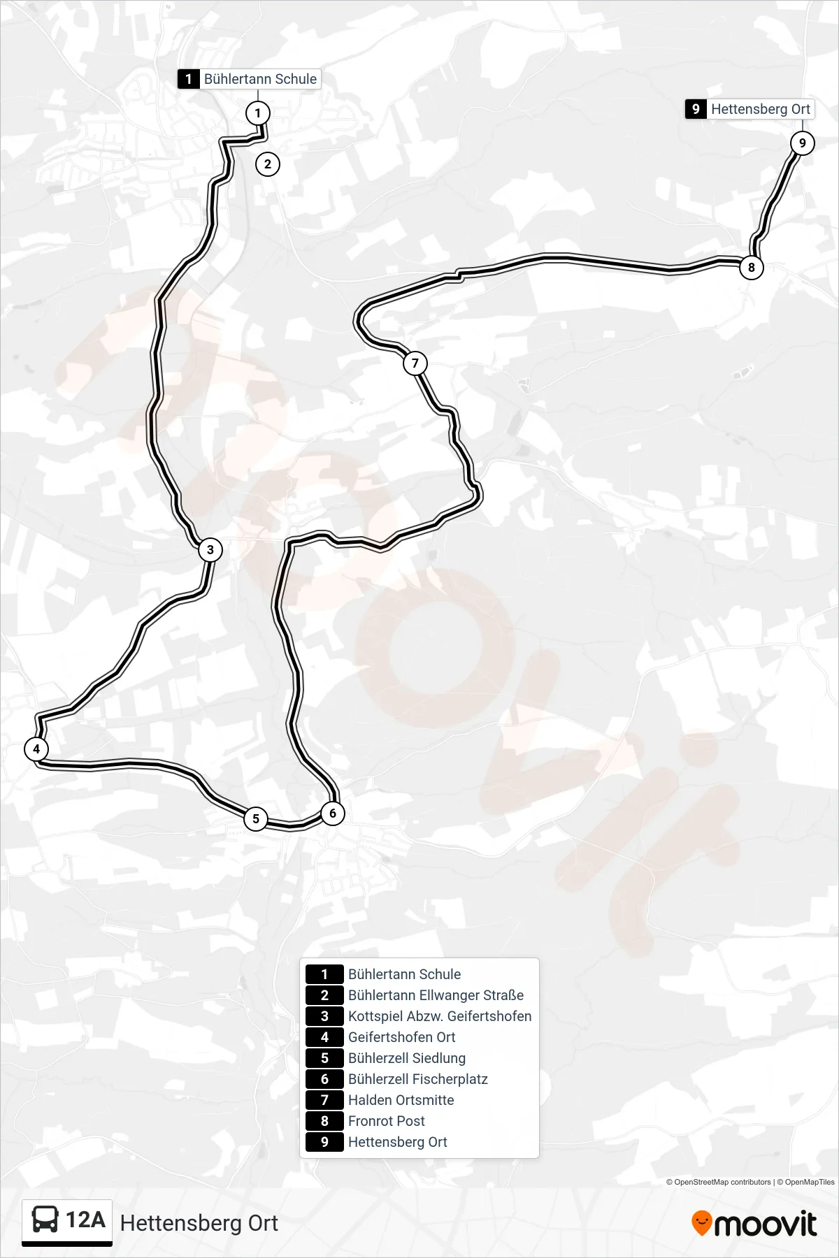 12A bus Line (Hettensberg Ort) route and stops on a map