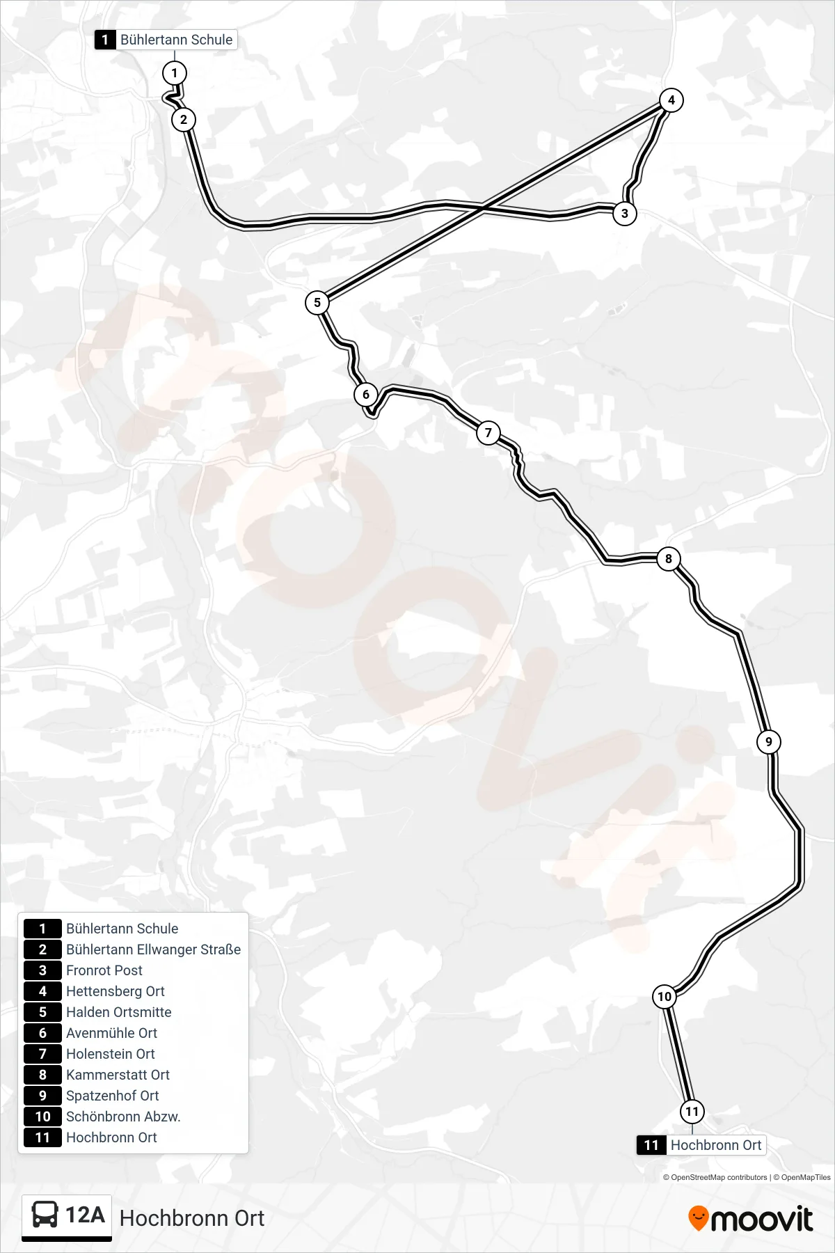 12A bus Line (Hochbronn Ort) route and stops on a map