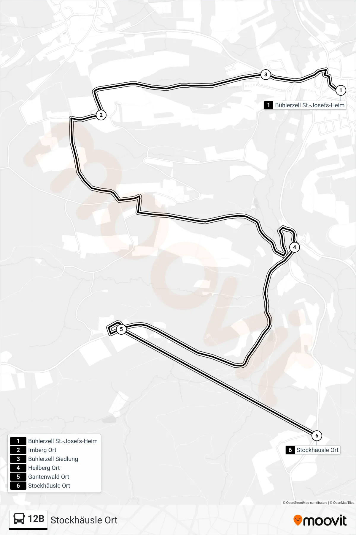 12B bus Line (Stockhäusle Ort) route and stops on a map