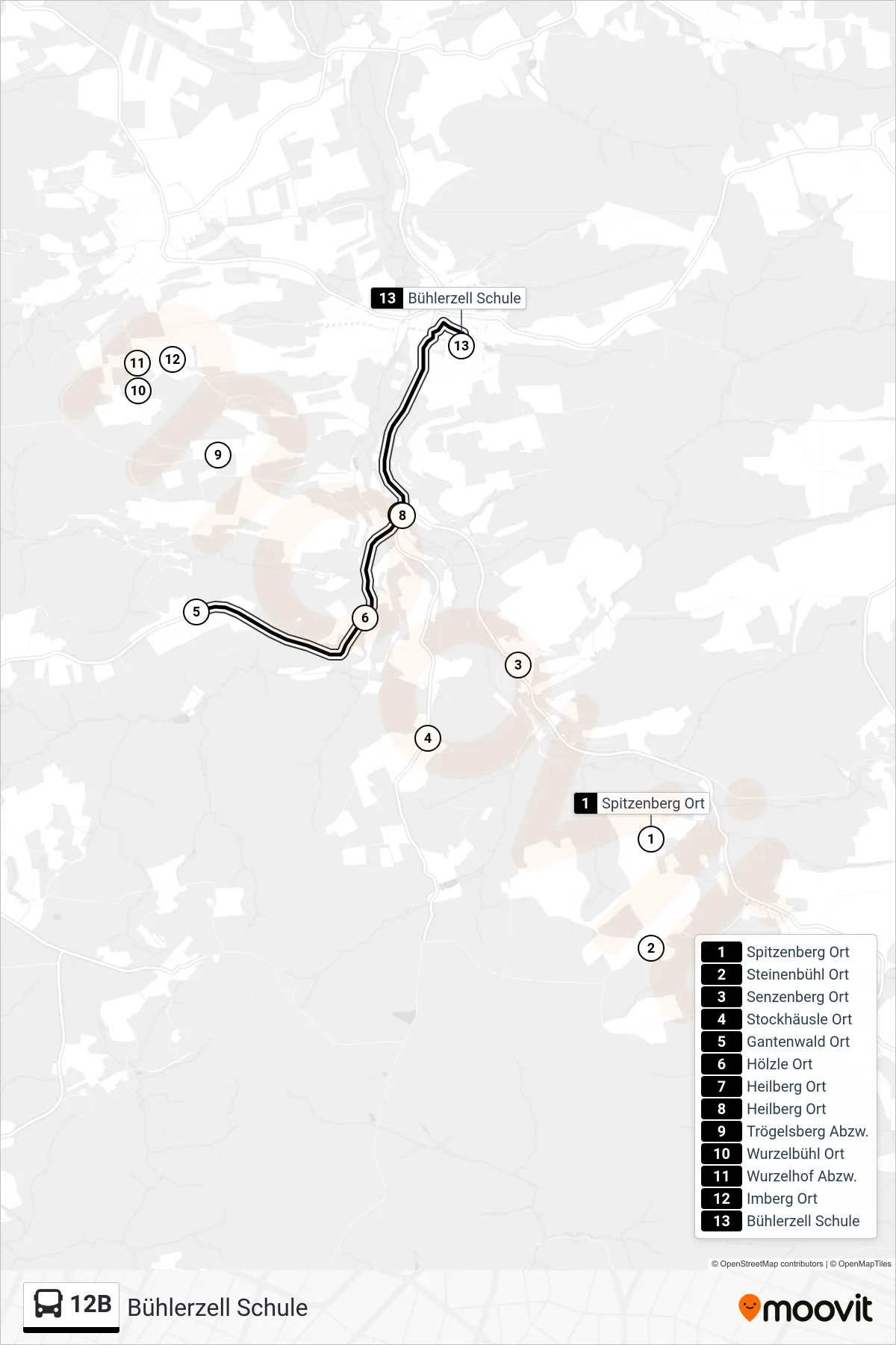 12B bus Line (Bühlerzell Schule) route and stops on a map
