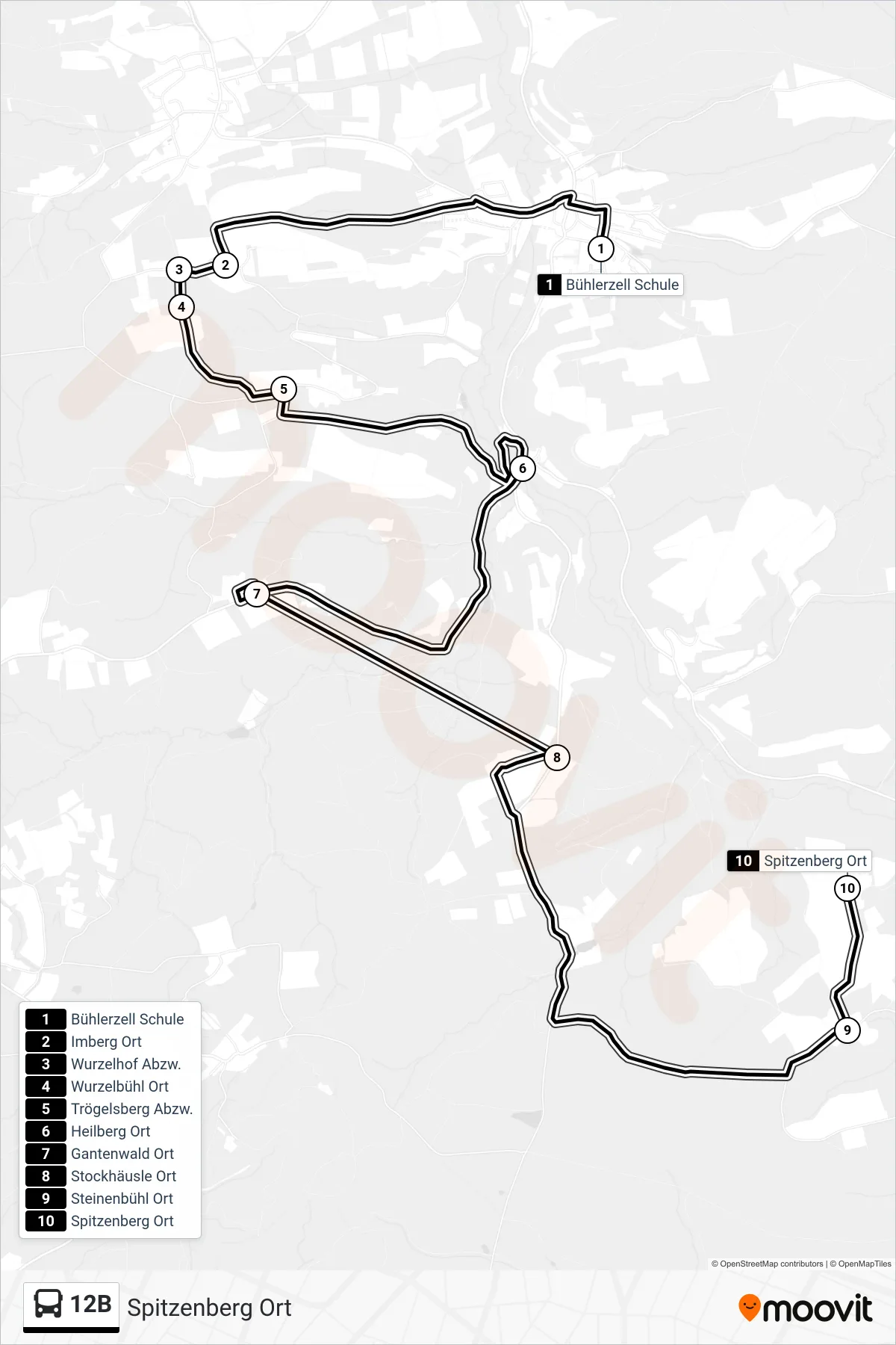 12B bus Line (Spitzenberg Ort) route and stops on a map