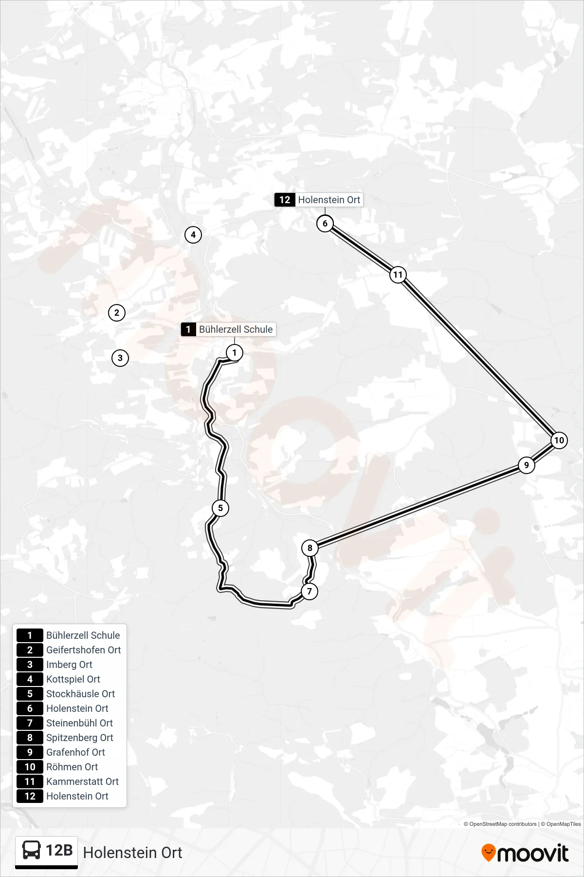 12B bus Line (Holenstein Ort) route and stops on a map