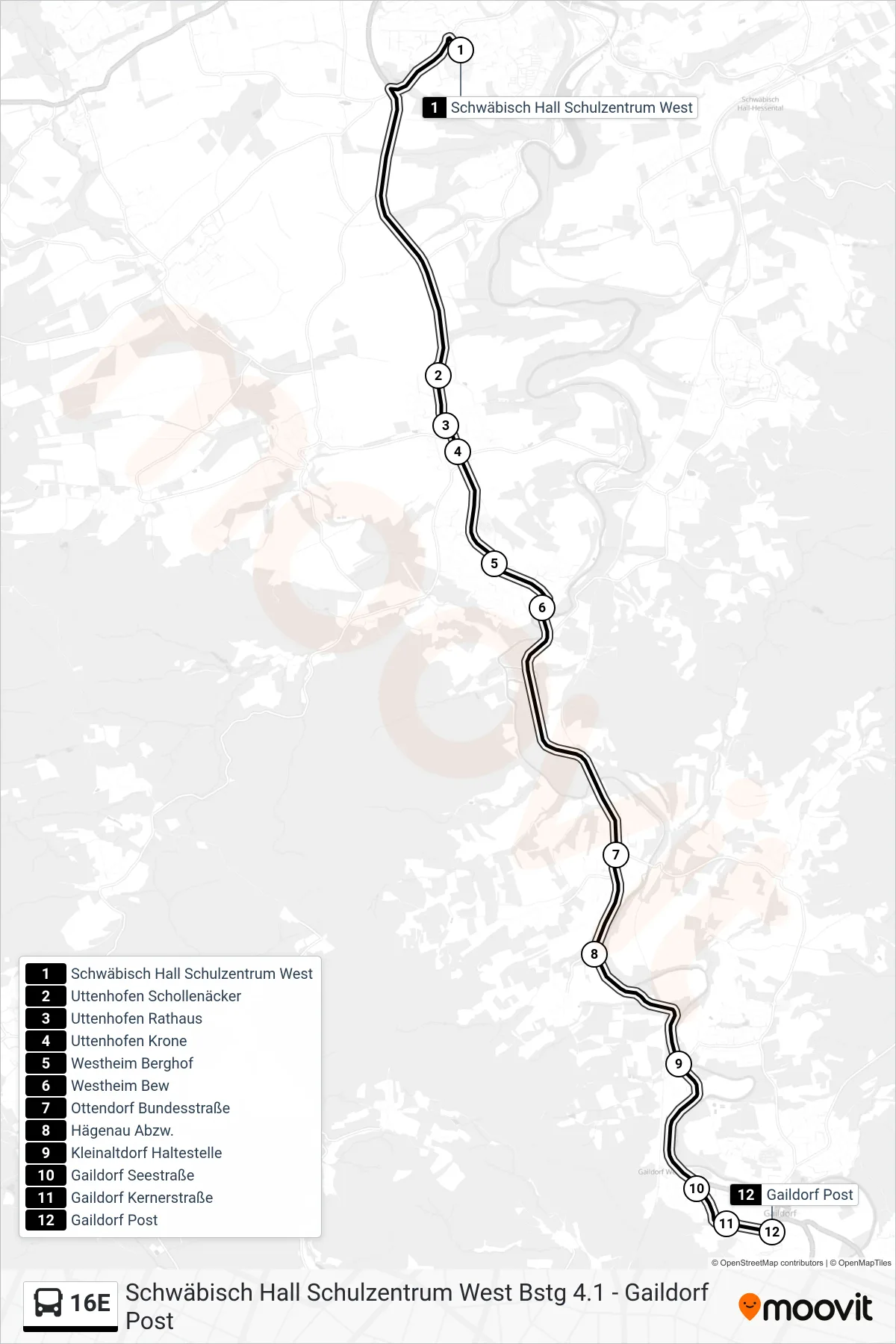 Linie 16E (Bus) Richtung Gaildorf Post: Route und Haltestellen auf der Karte