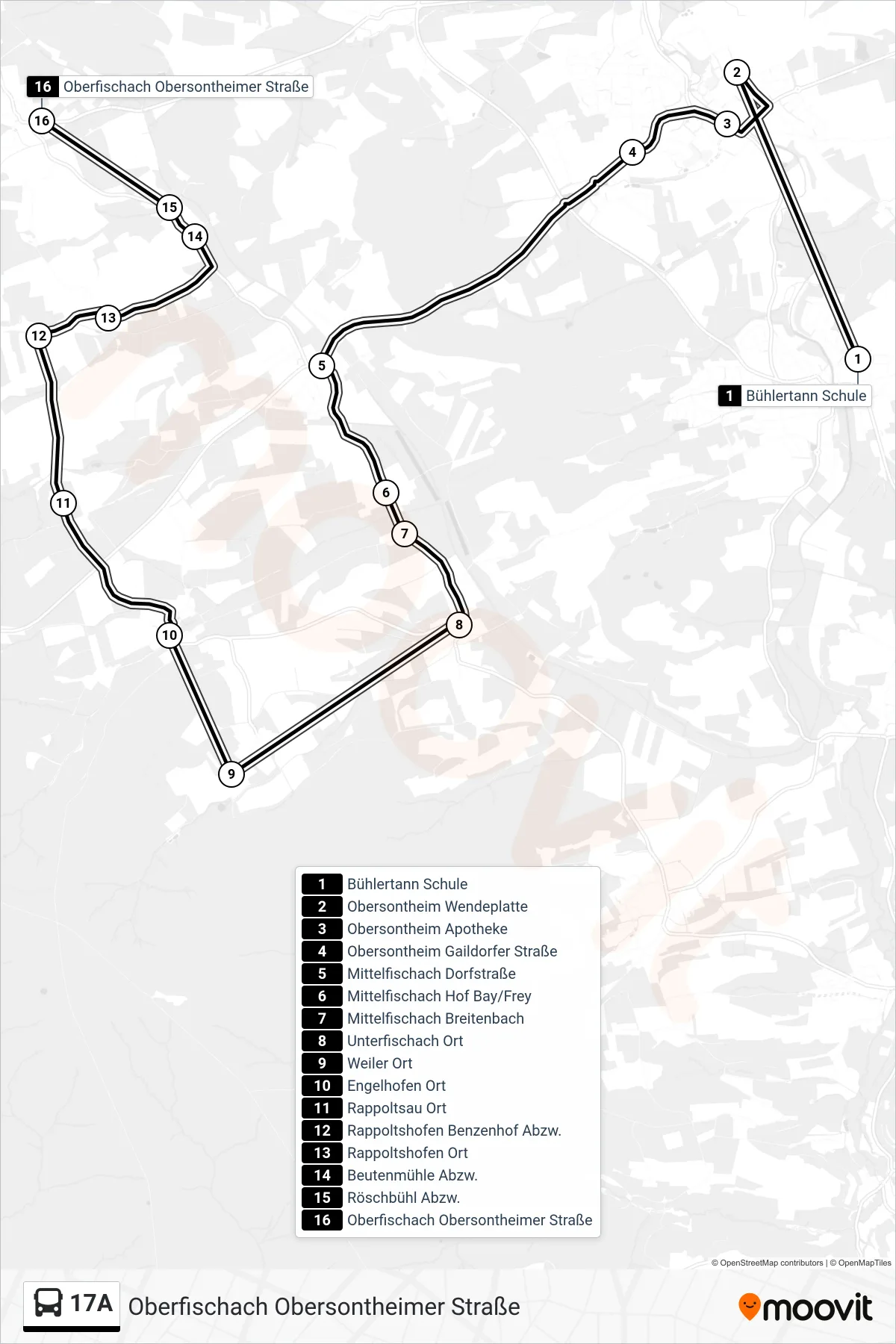 17A bus Line (Oberfischach Obersontheimer Straße) route and stops on a map