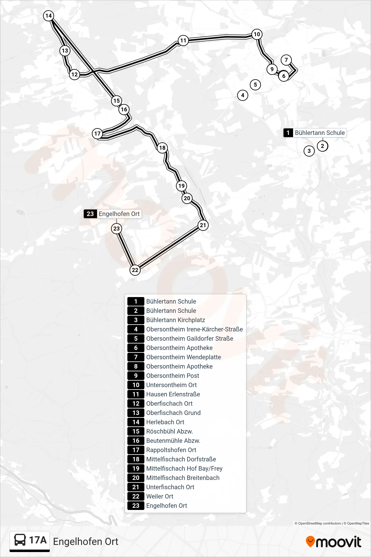 17A bus Line (Engelhofen Ort) route and stops on a map