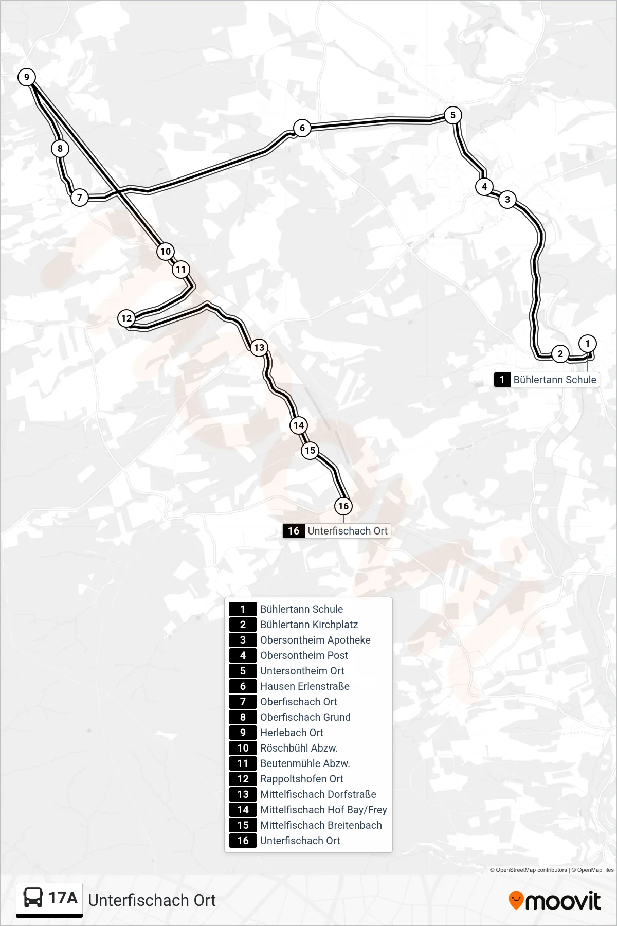 17A bus Line (Unterfischach Ort) route and stops on a map