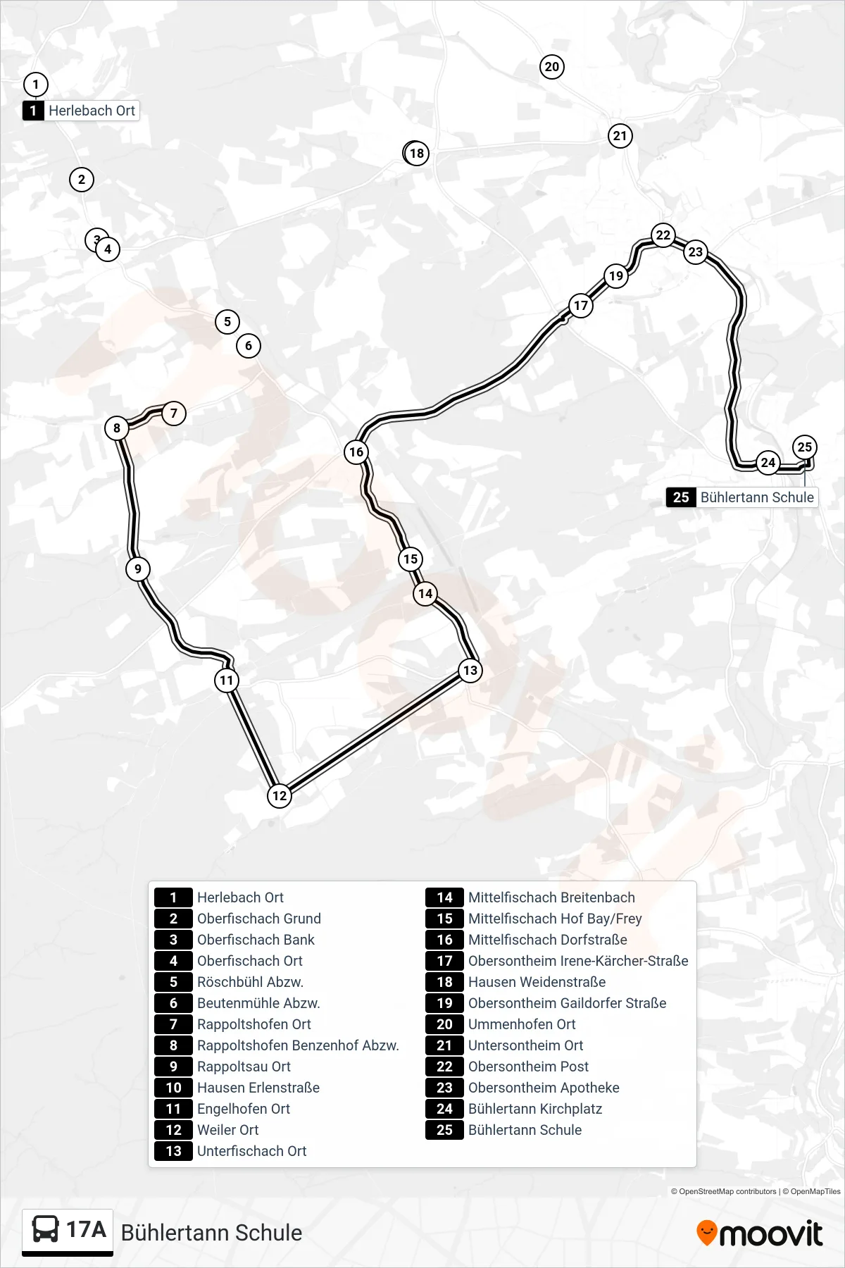 17A bus Line (Bühlertann Schule) route and stops on a map