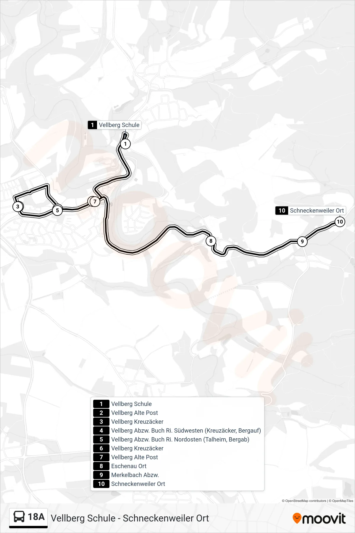 18A bus Line (Schneckenweiler Ort) route and stops on a map