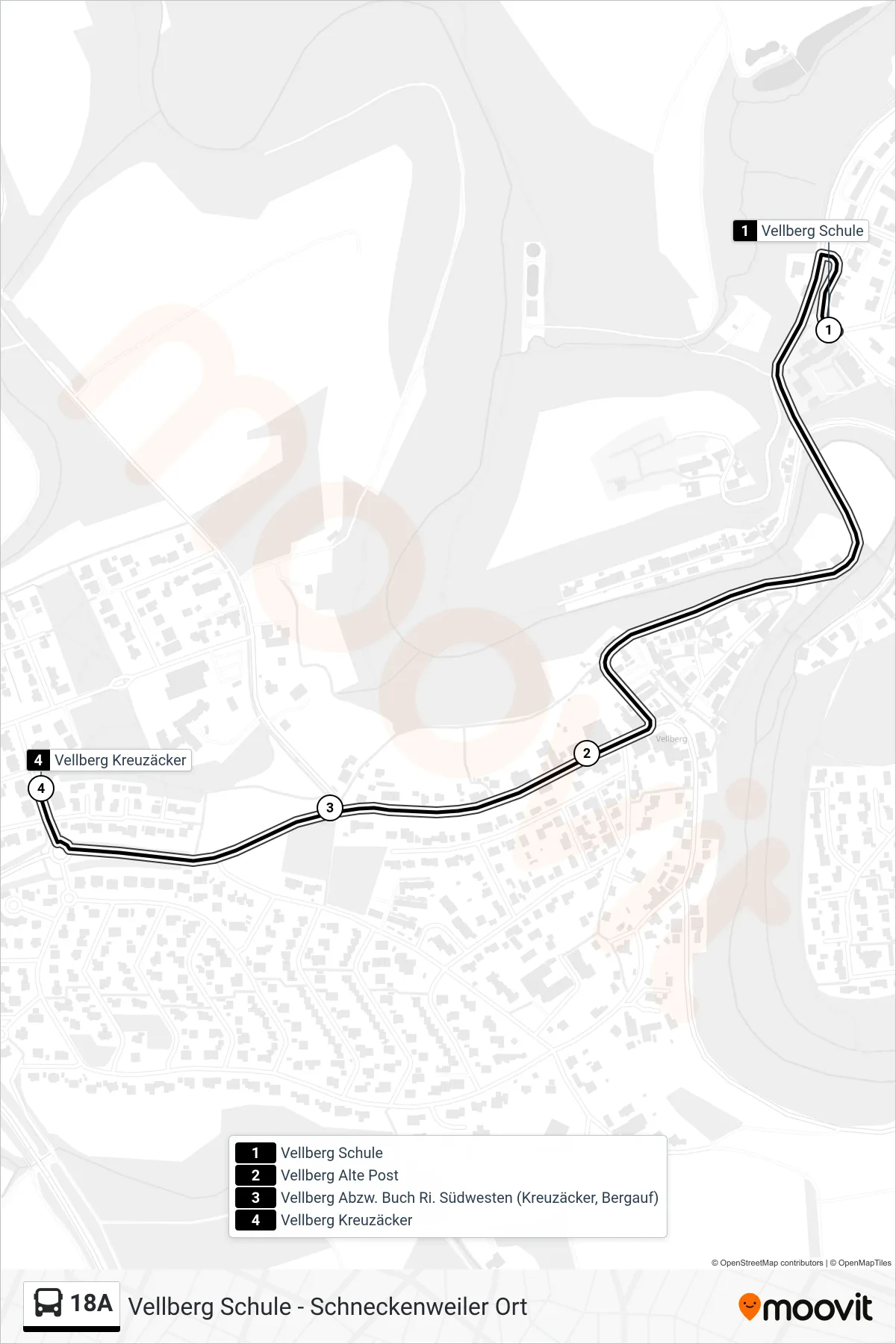 18A bus Line (Vellberg Kreuzäcker) route and stops on a map