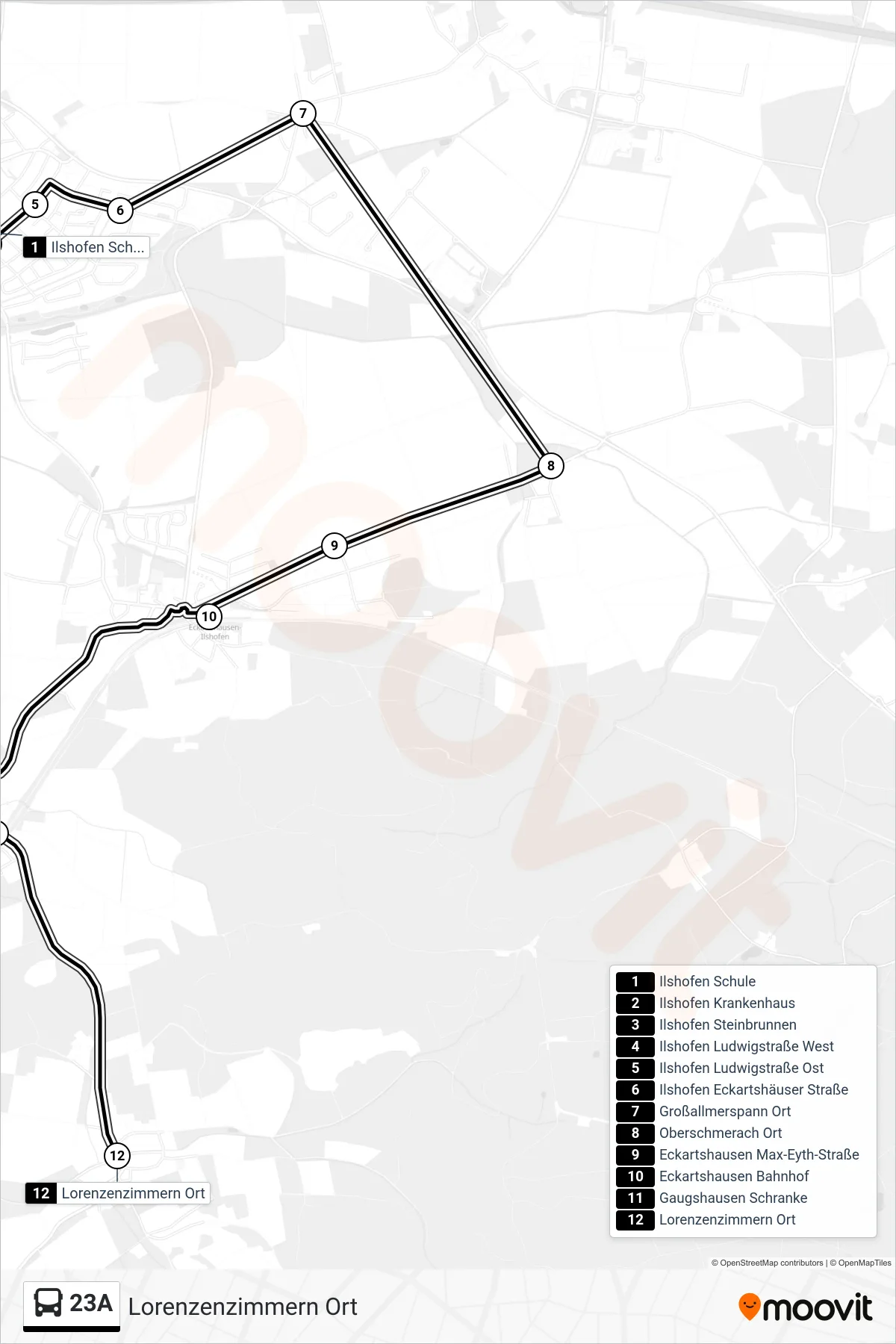 23A bus Line (Lorenzenzimmern Ort) route and stops on a map