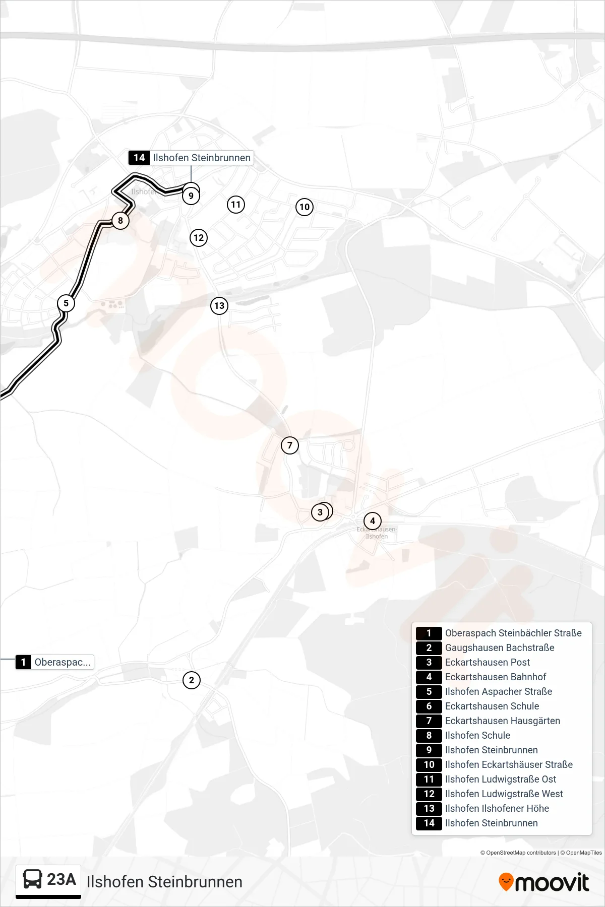 23A bus Line (Ilshofen Steinbrunnen) route and stops on a map