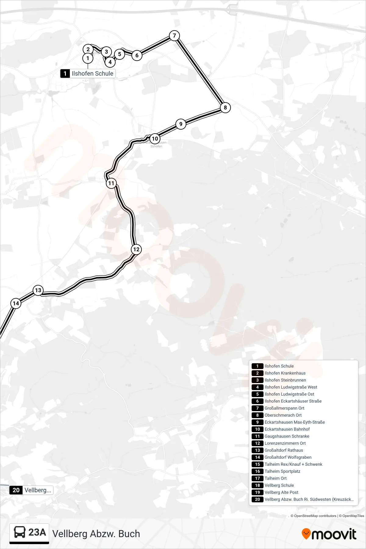 23A bus Line (Vellberg Abzw. Buch) route and stops on a map