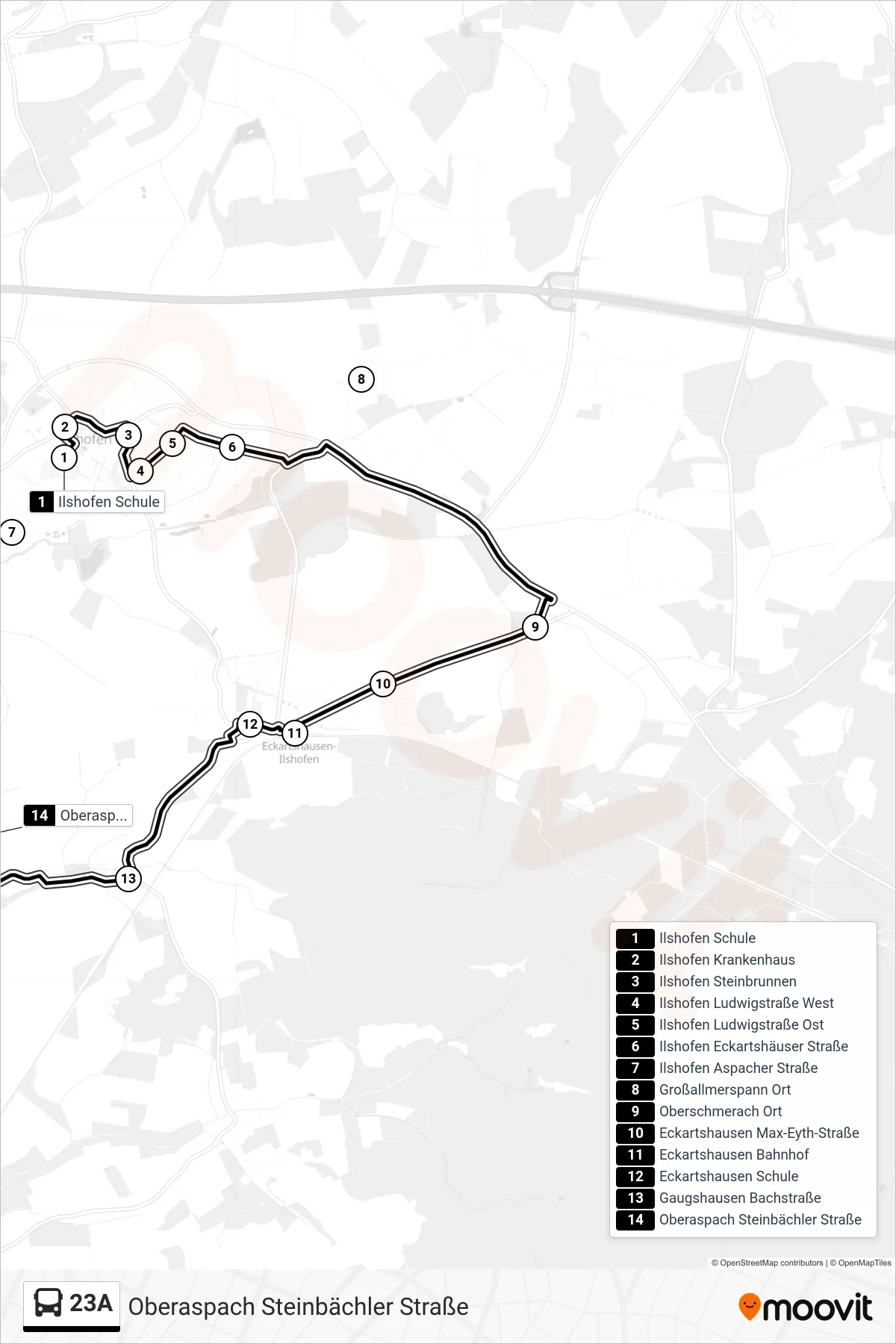 23A bus Line (Oberaspach Steinbächler Straße) route and stops on a map