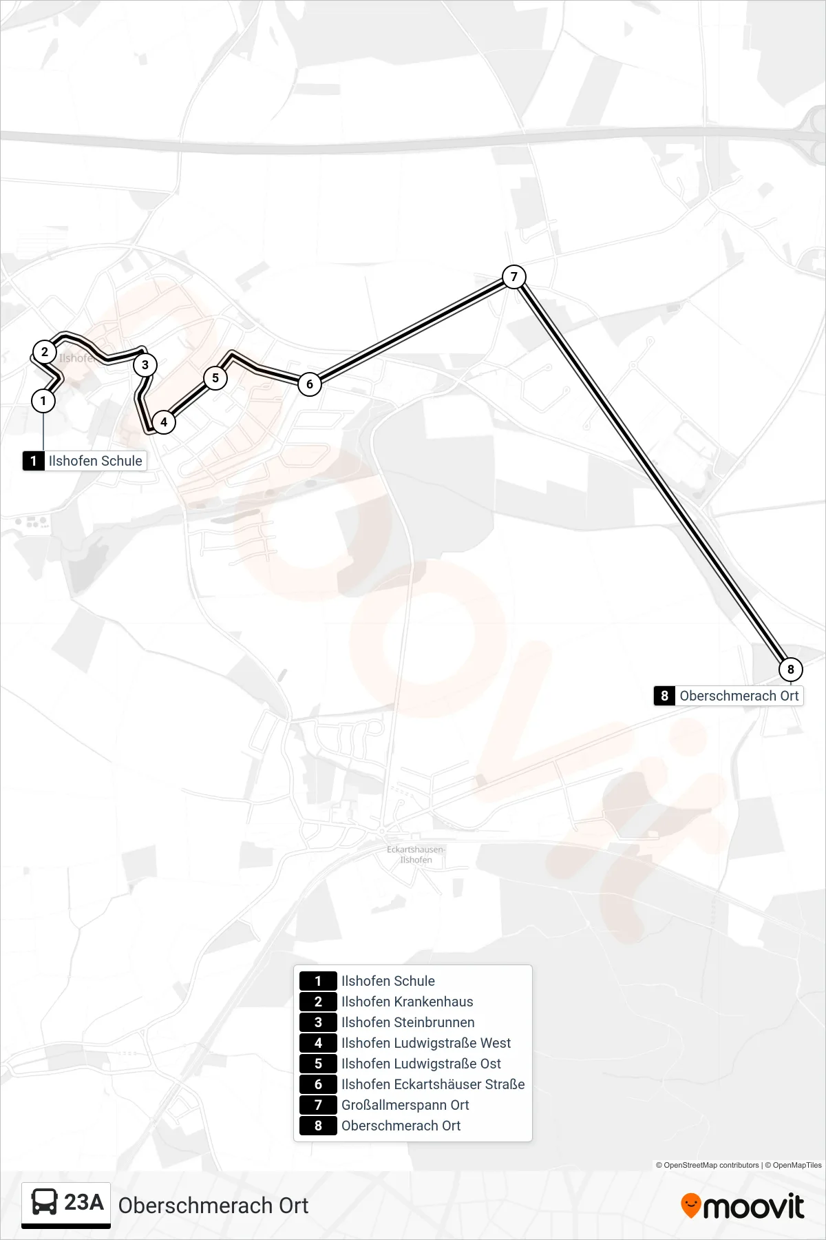 23A bus Line (Oberschmerach Ort) route and stops on a map