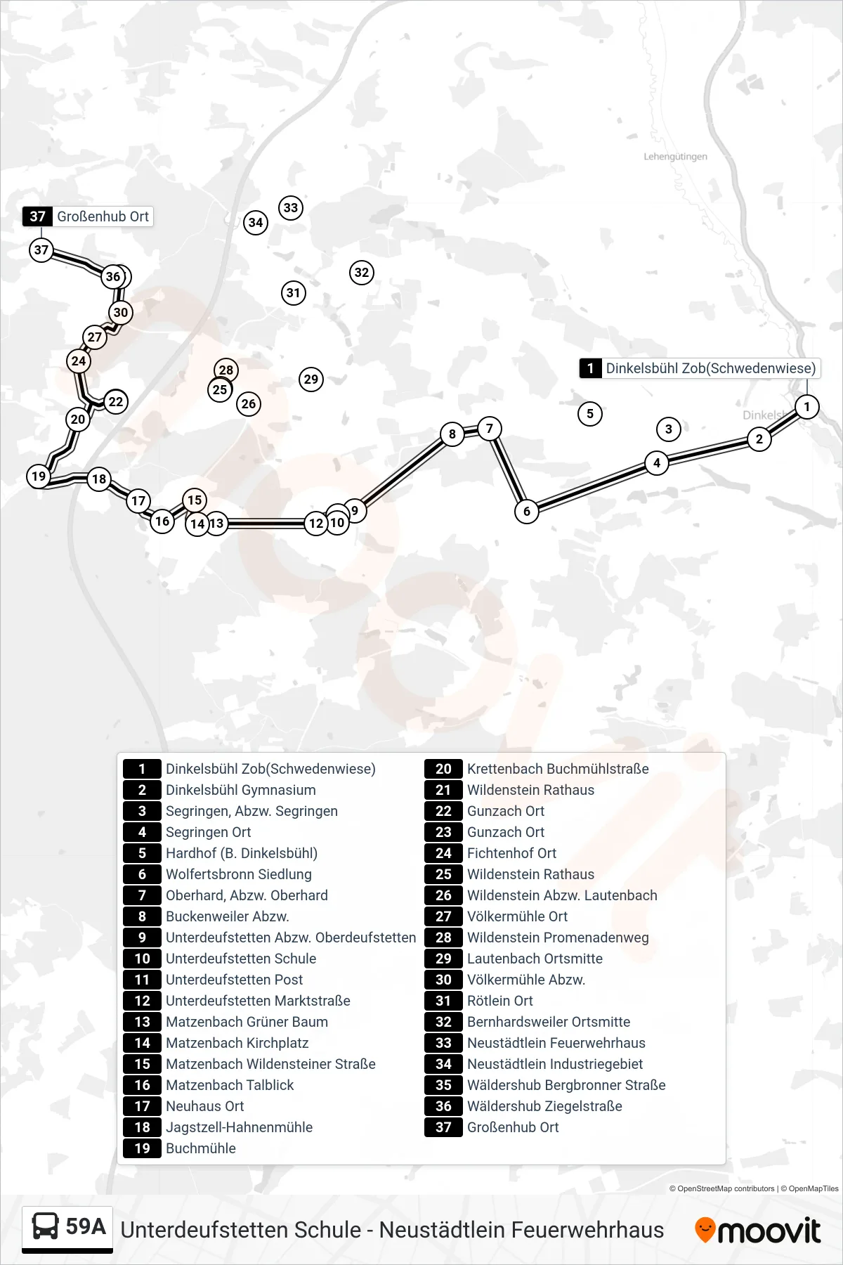 59A bus Line (Großenhub Ort) route and stops on a map