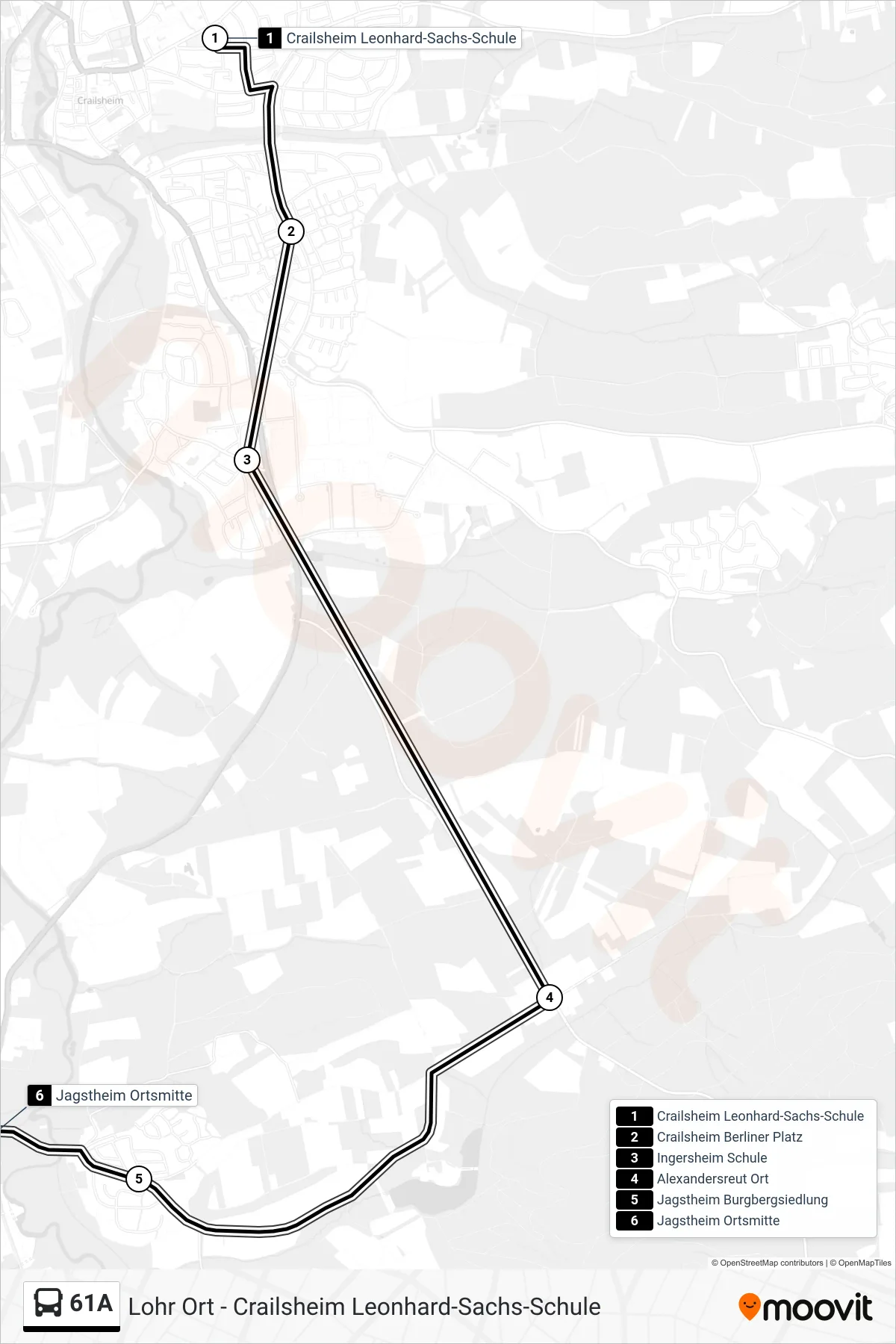 61A bus Line (Jagstheim Ortsmitte) route and stops on a map