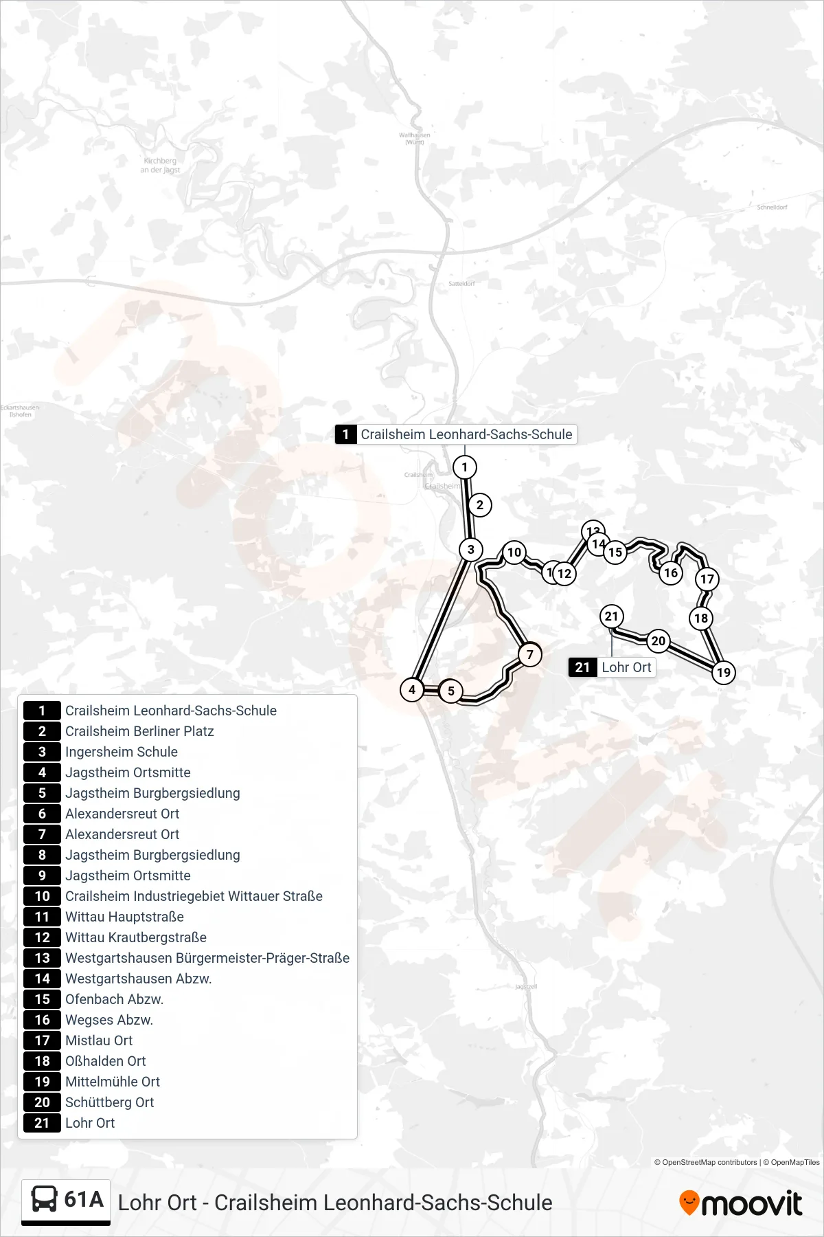 61A bus Line (Lohr Ort) route and stops on a map