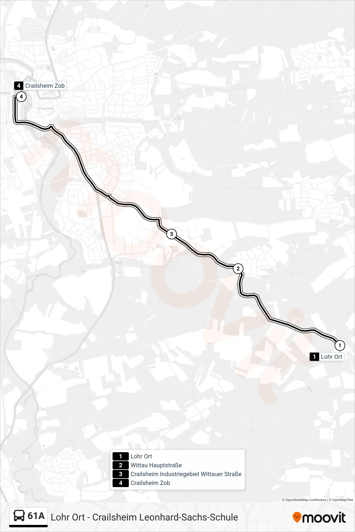 61A bus Line (Crailsheim Zob) route and stops on a map