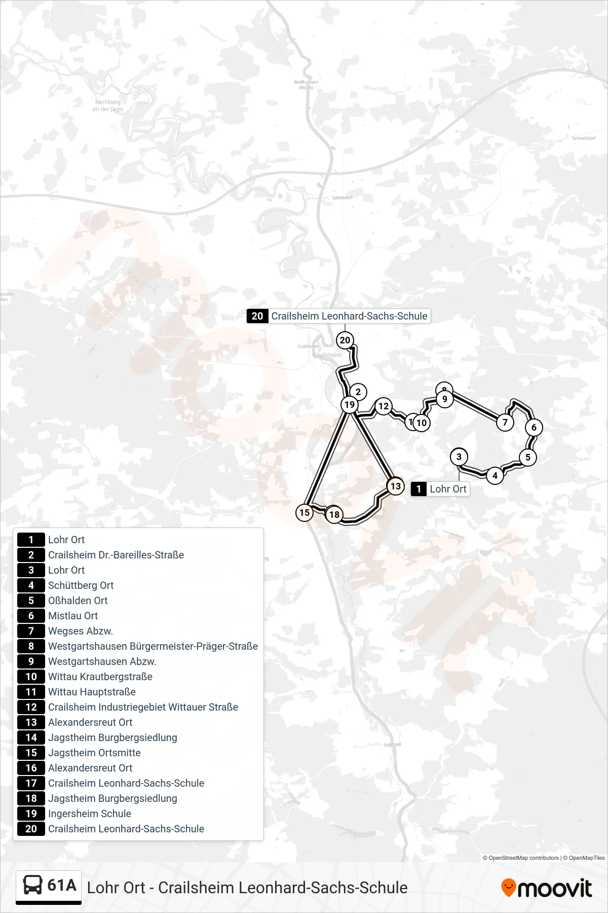 61A bus Line (Crailsheim Leonhard-Sachs-Schule) route and stops on a map