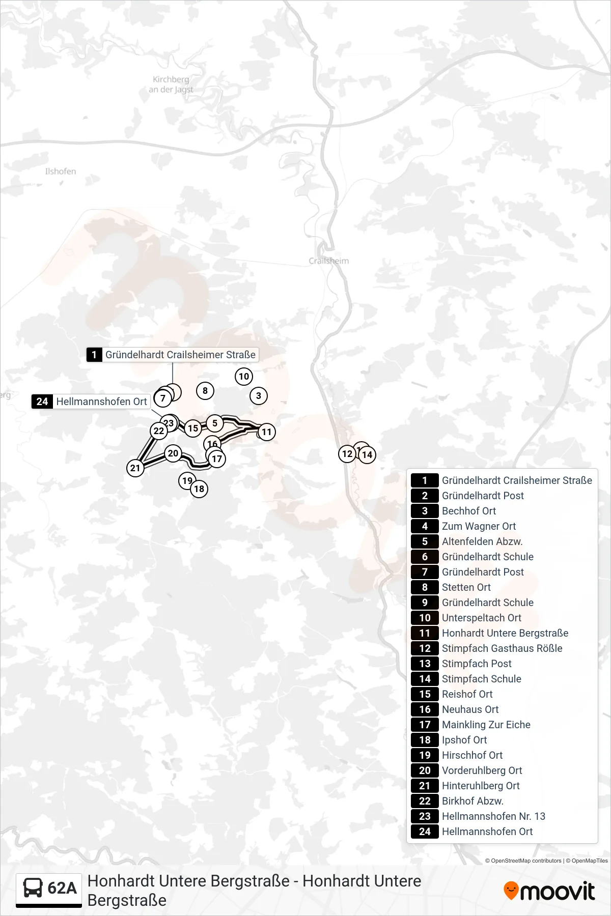 62A bus Line (Honhardt Untere Bergstraße) route and stops on a map