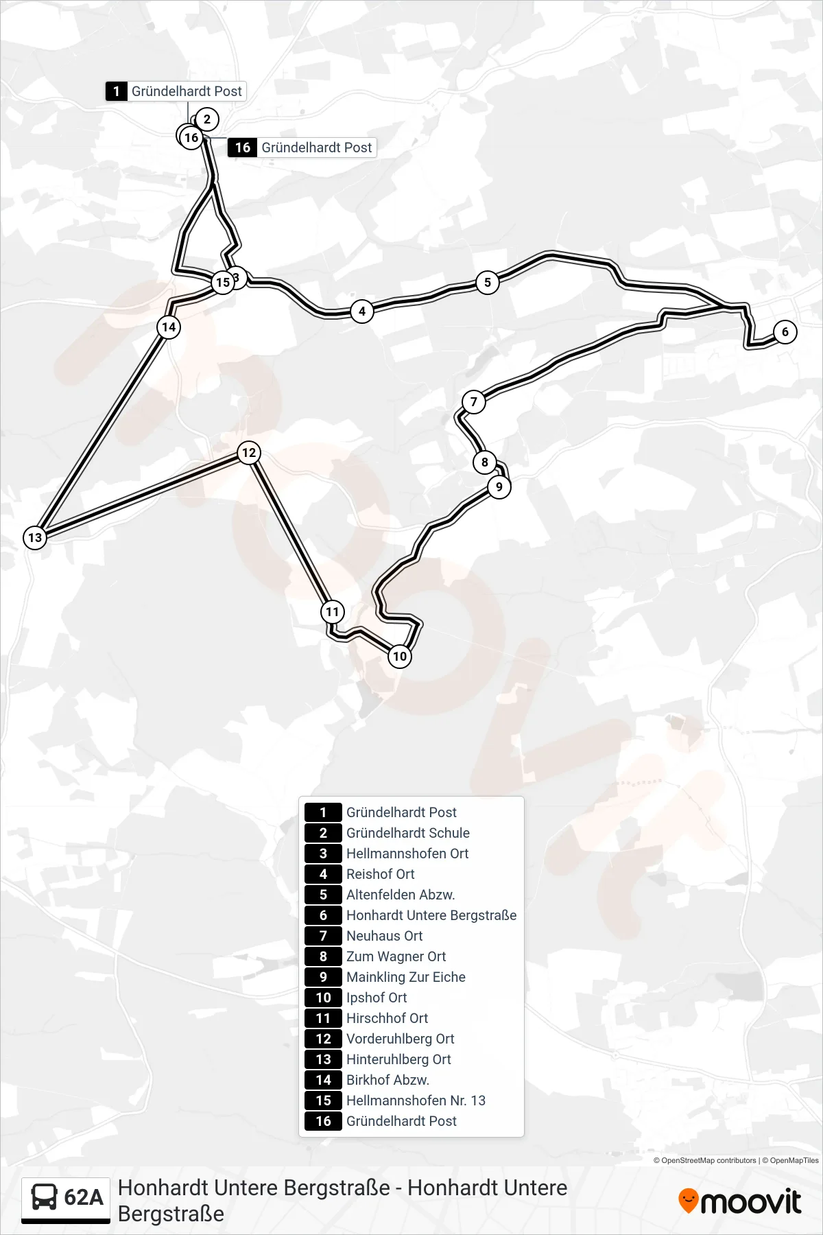 62A bus Line (Gründelhardt Post) route and stops on a map