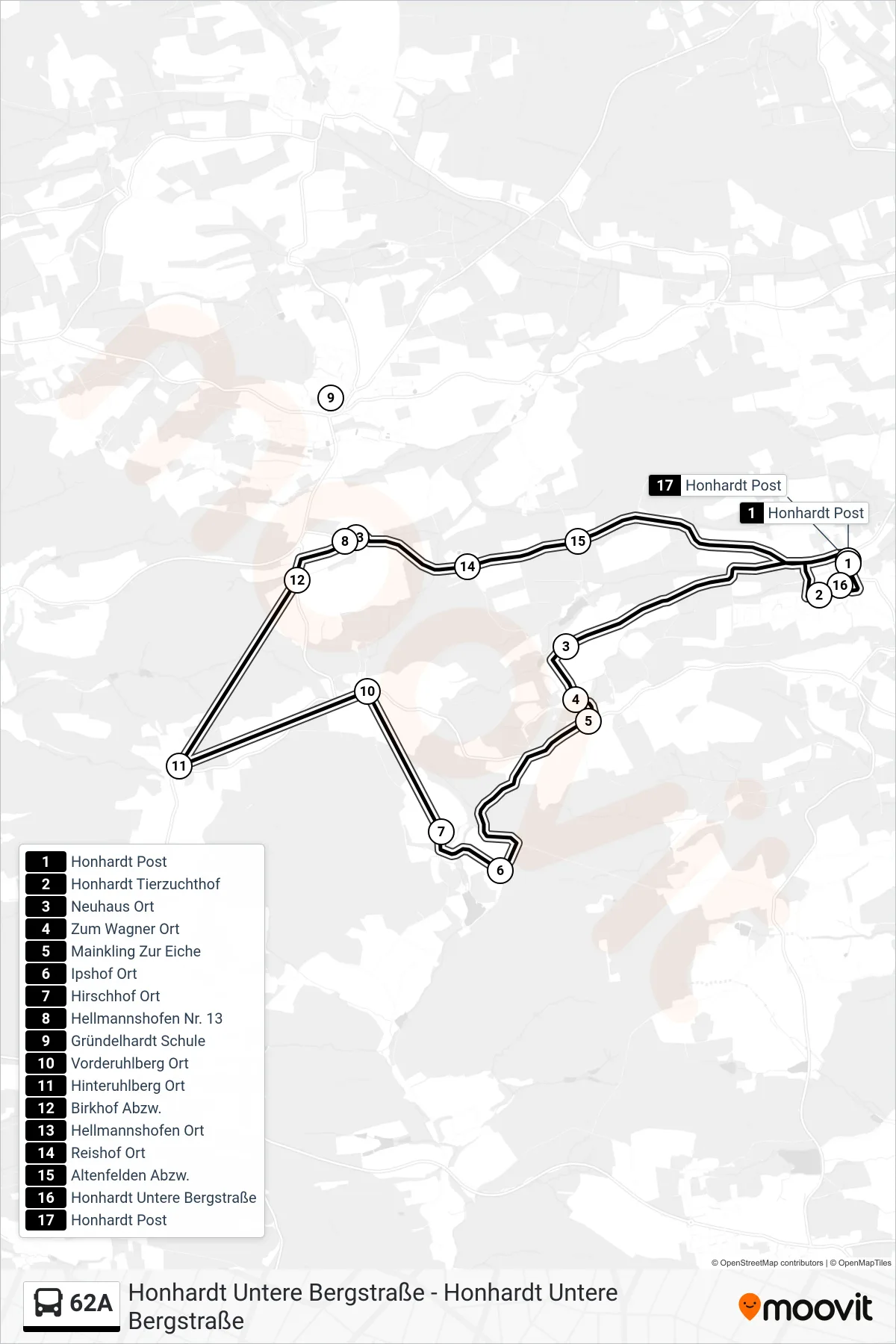 62A bus Line (Honhardt Post) route and stops on a map