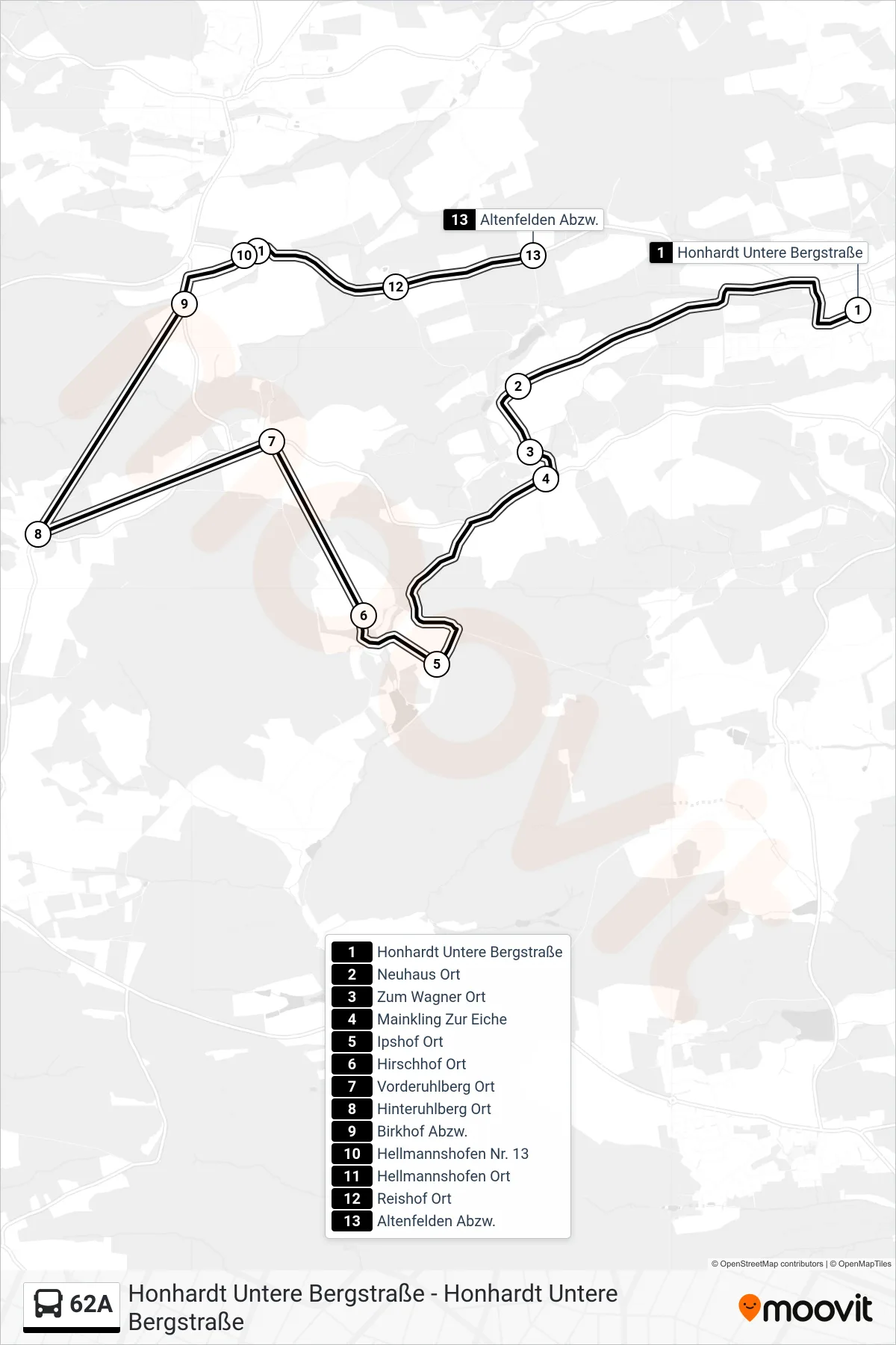 62A bus Line (Altenfelden Abzw.) route and stops on a map