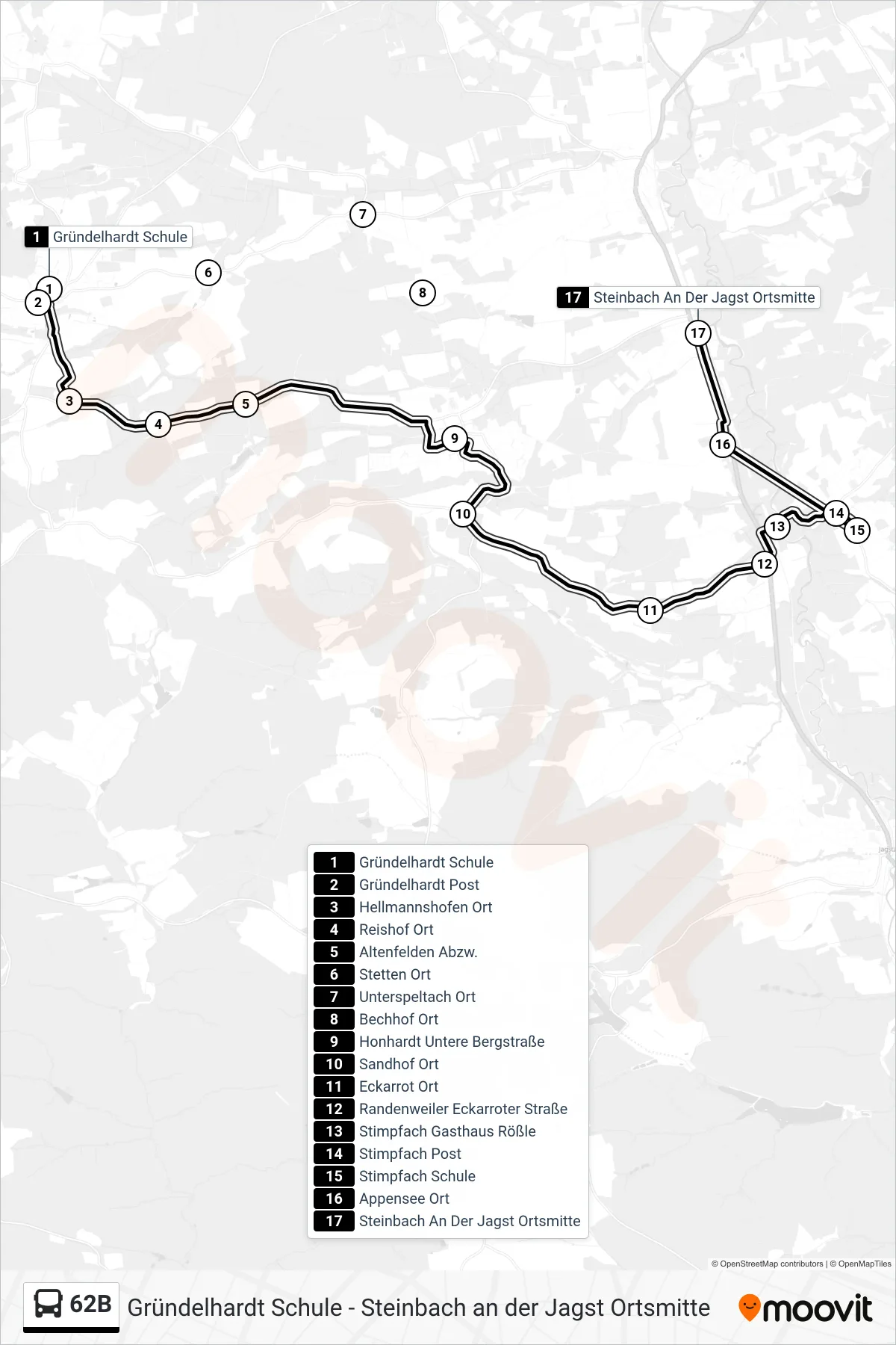 62B bus Line (Steinbach An Der Jagst Ortsmitte) route and stops on a map