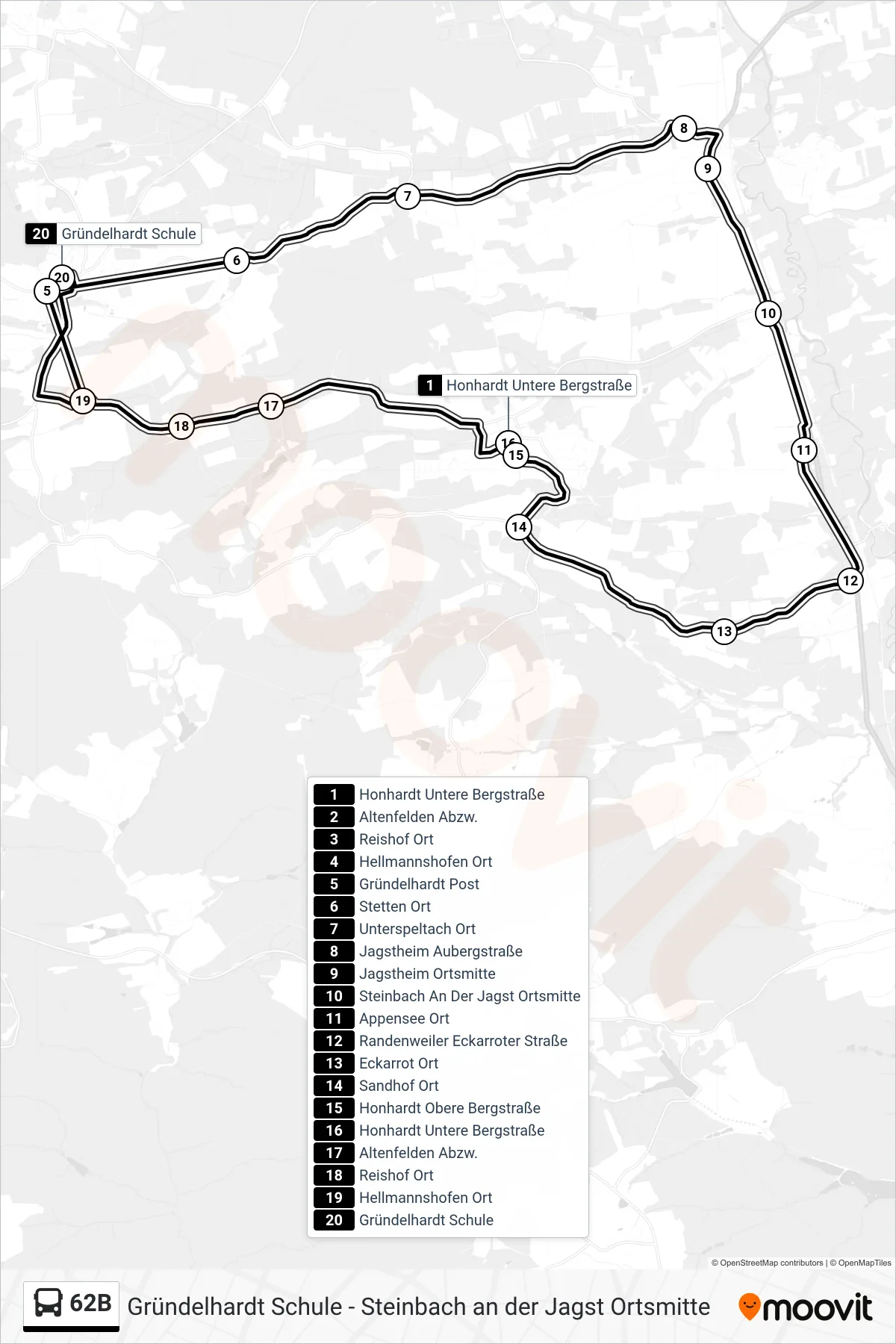 62B bus Line (Gründelhardt Schule) route and stops on a map