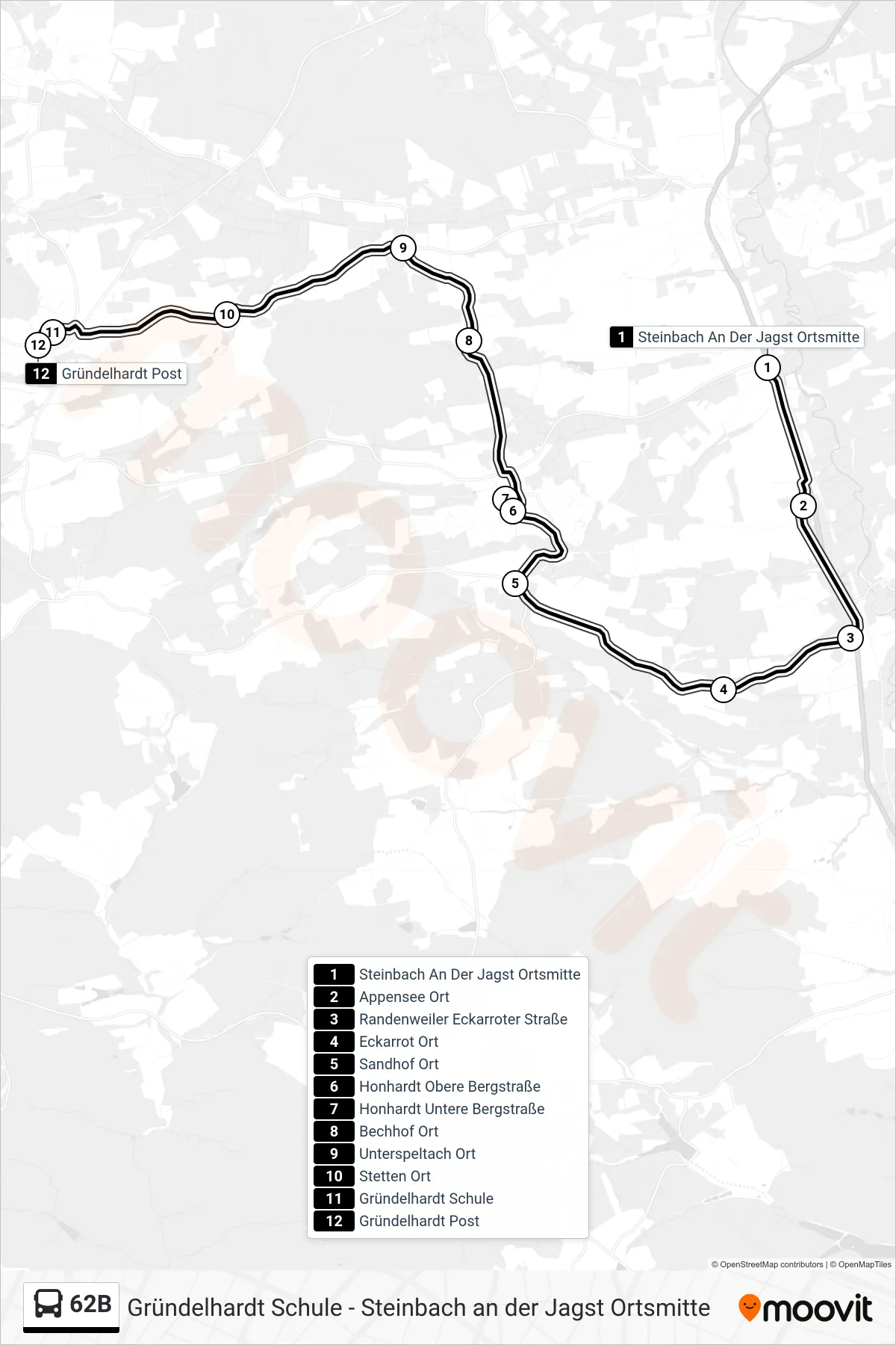 62B bus Line (Gründelhardt Post) route and stops on a map