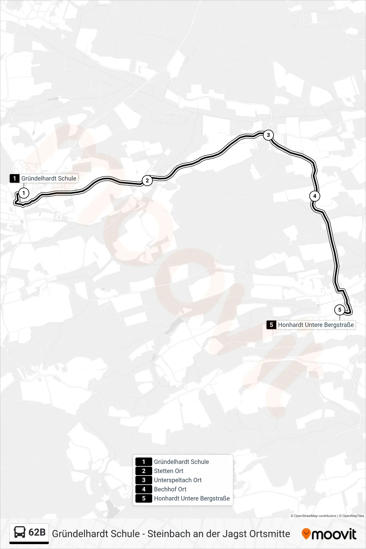 62B bus Line (Honhardt Untere Bergstraße) route and stops on a map