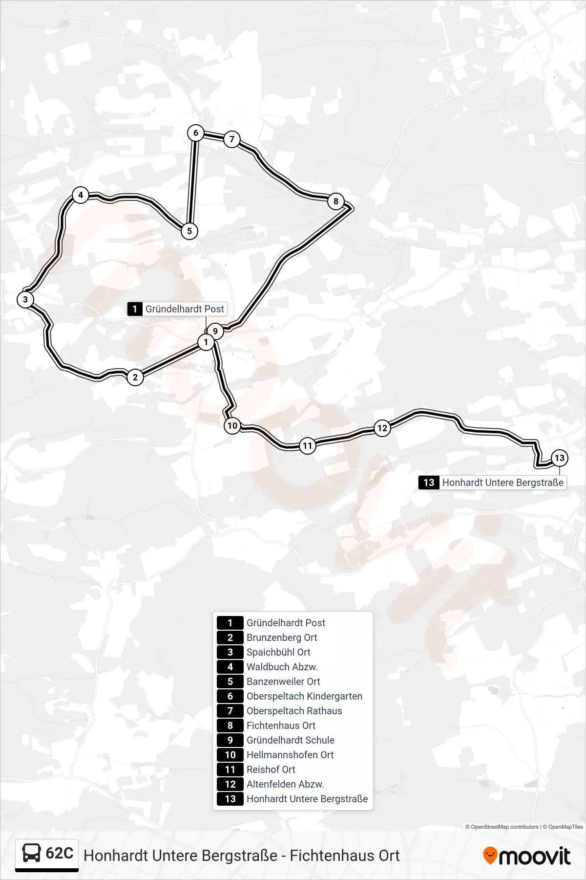 62C bus Line (Honhardt Untere Bergstraße) route and stops on a map