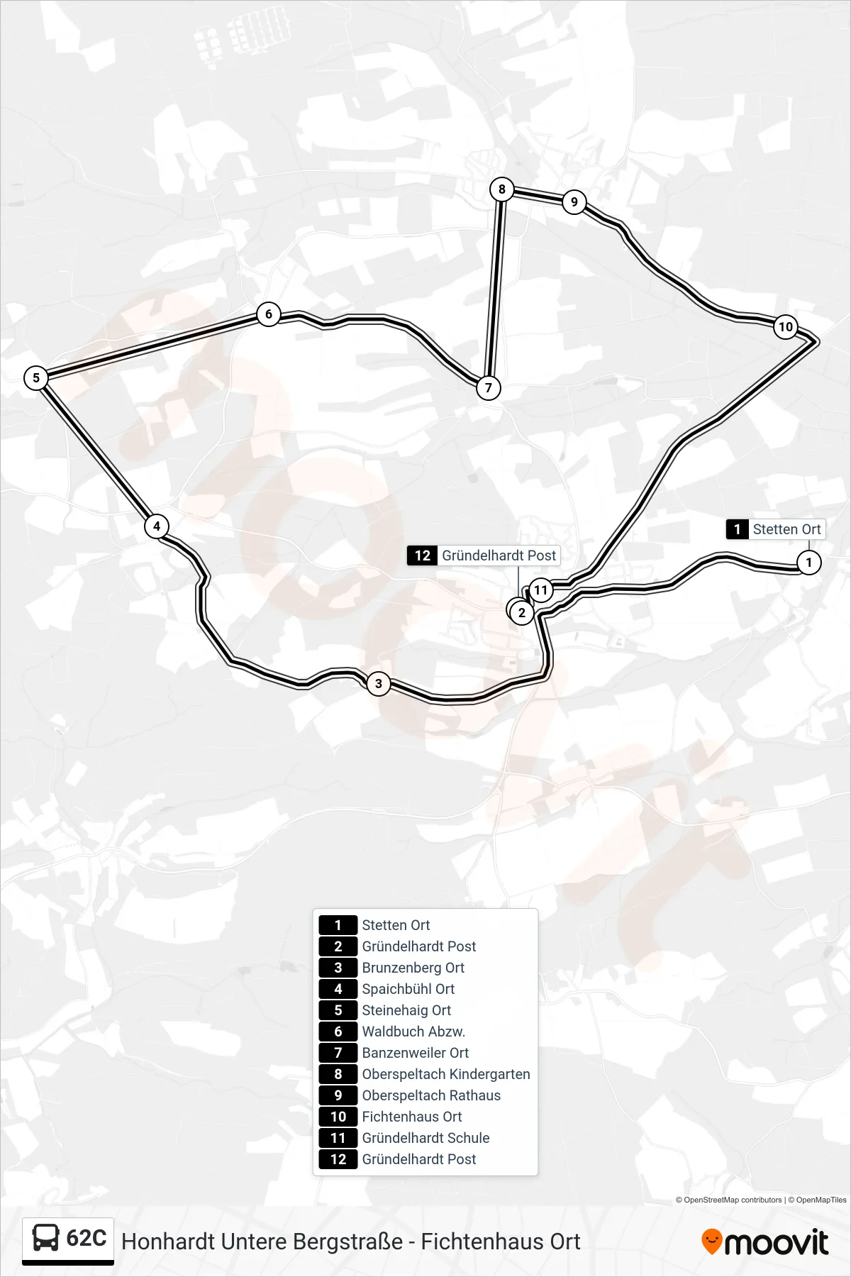 62C bus Line (Gründelhardt Post) route and stops on a map