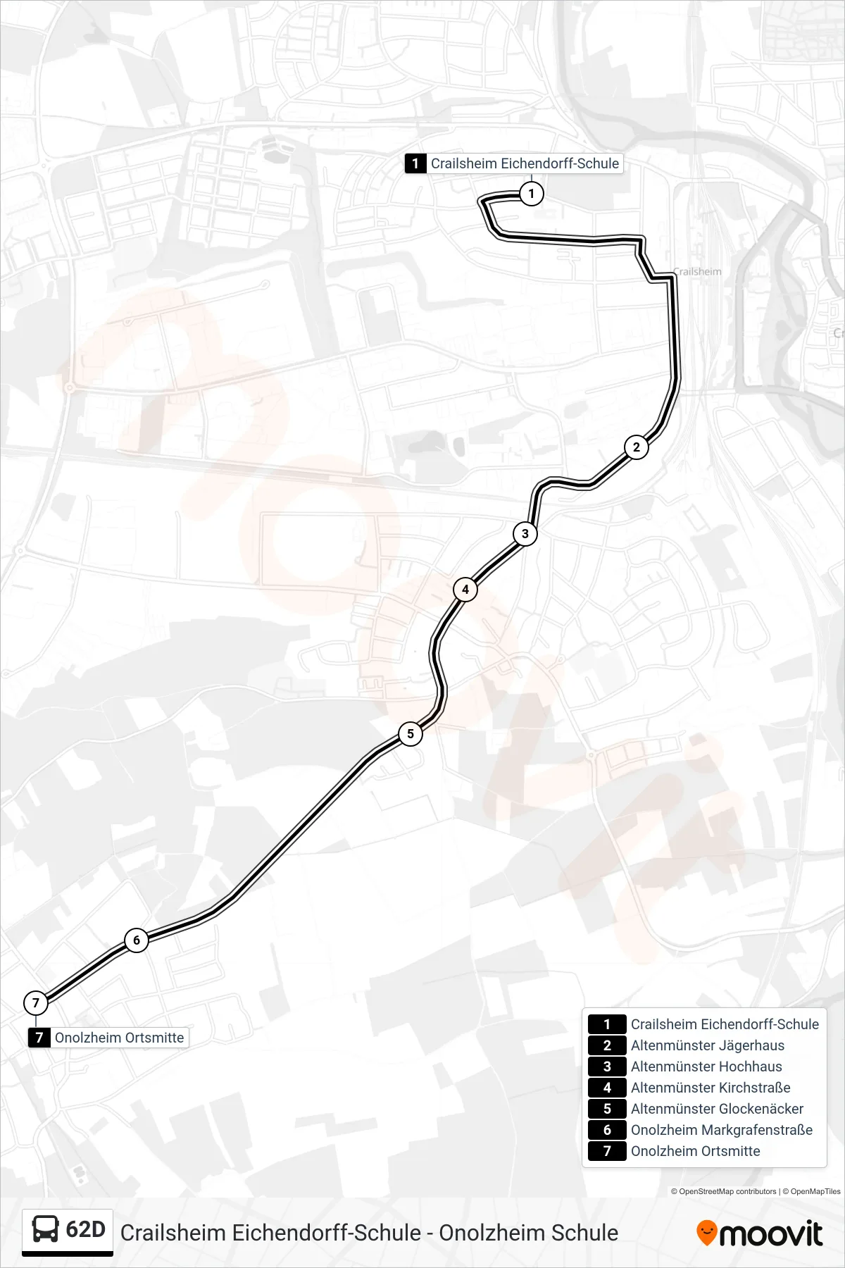 62D bus Line (Onolzheim Ortsmitte) route and stops on a map