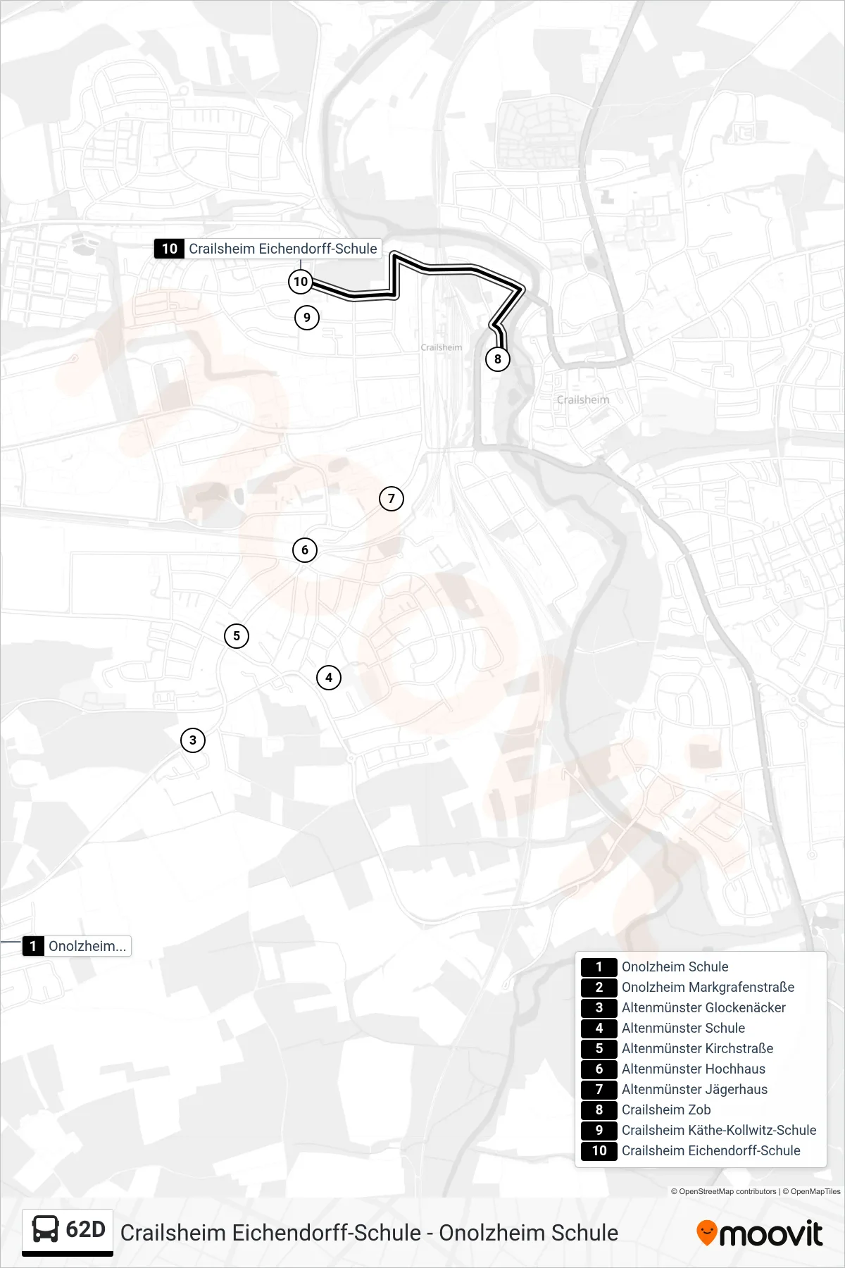 62D bus Line (Crailsheim Eichendorff-Schule) route and stops on a map