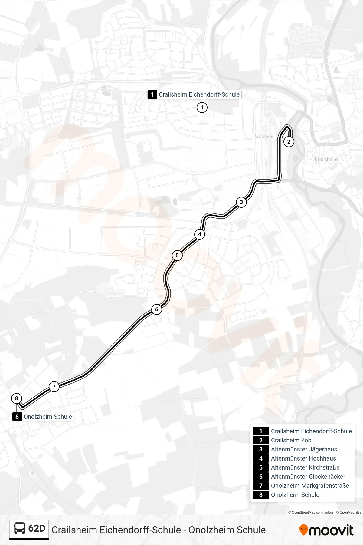 62D bus Line (Onolzheim Schule) route and stops on a map