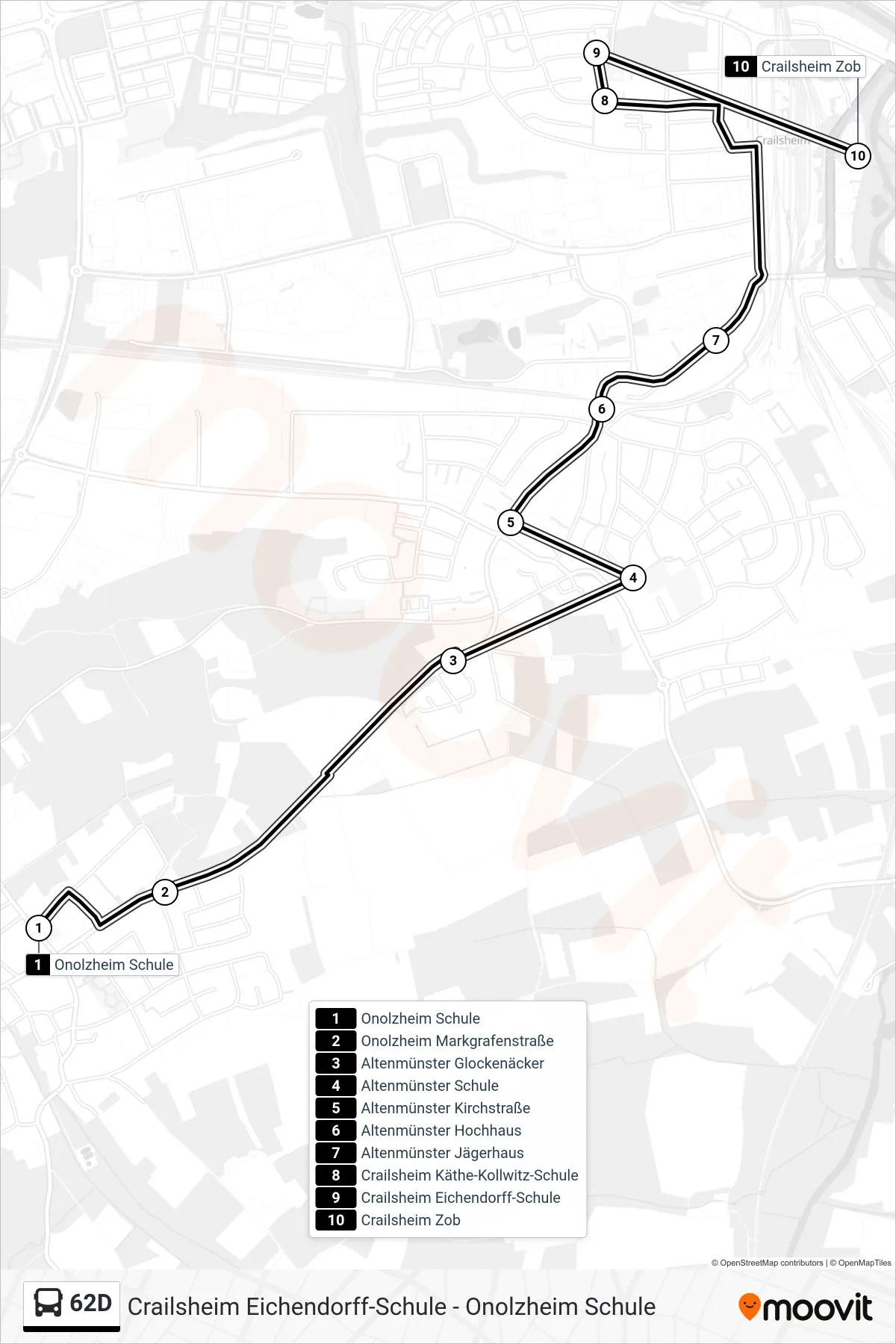 Linie 62D (Bus) Richtung Crailsheim Zob: Route und Haltestellen auf der Karte