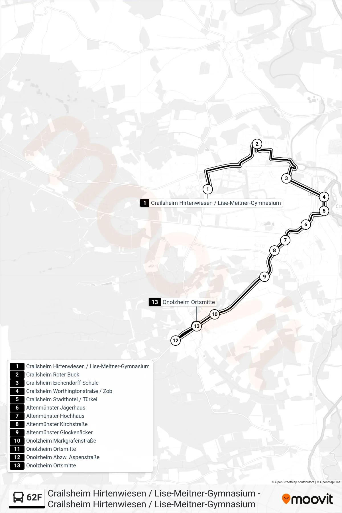 62F bus Line (Crailsheim Freibad) route and stops on a map