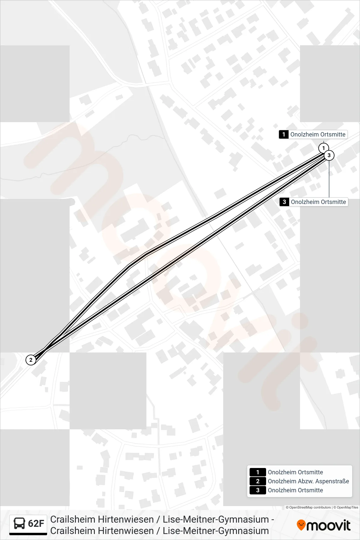 62F bus Line (Onolzheim Ortsmitte) route and stops on a map