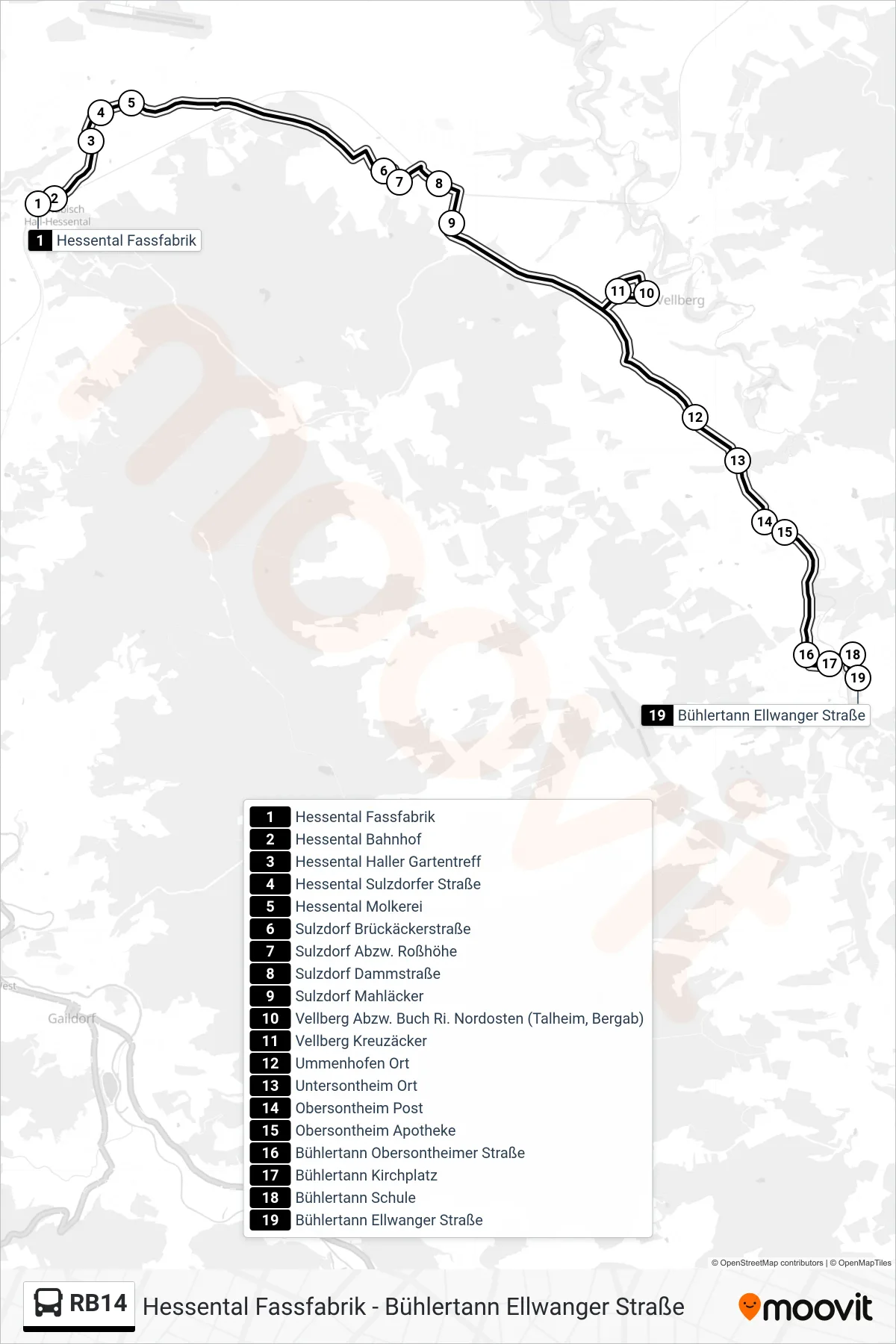 RB14 bus Line (Bühlertann Ellwanger Straße) route and stops on a map