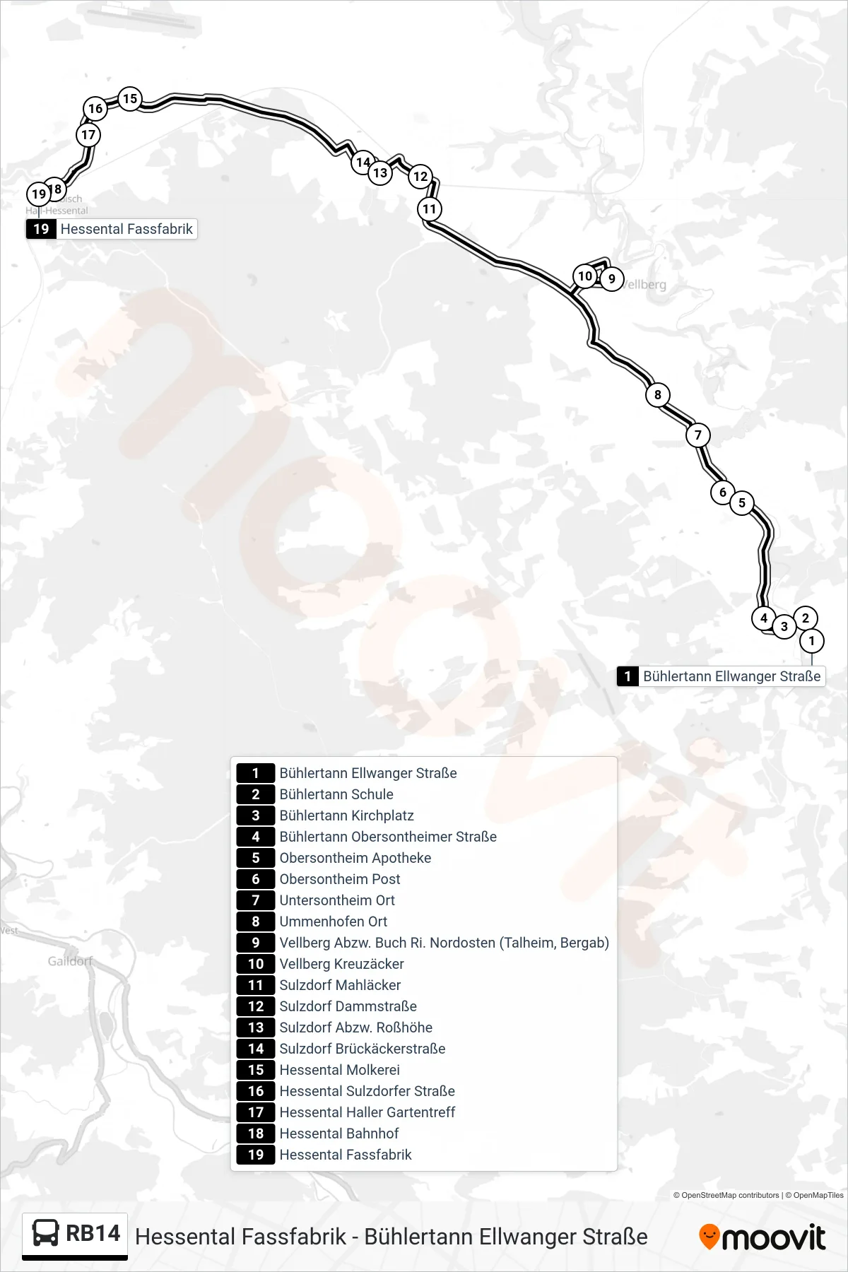 RB14 bus Line (Hessental Fassfabrik) route and stops on a map