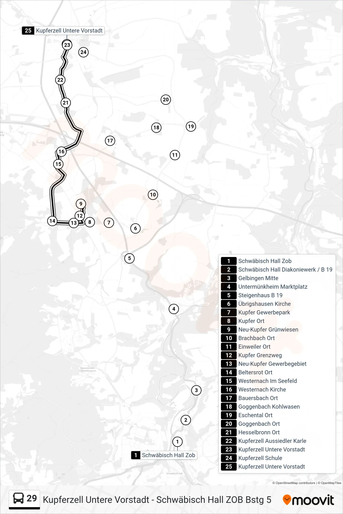 29 bus Line (Kupferzell Untere Vorstadt) route and stops on a map