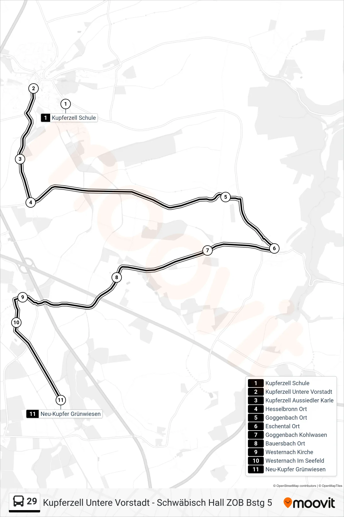 29 bus Line (Neu-Kupfer Grünwiesen) route and stops on a map