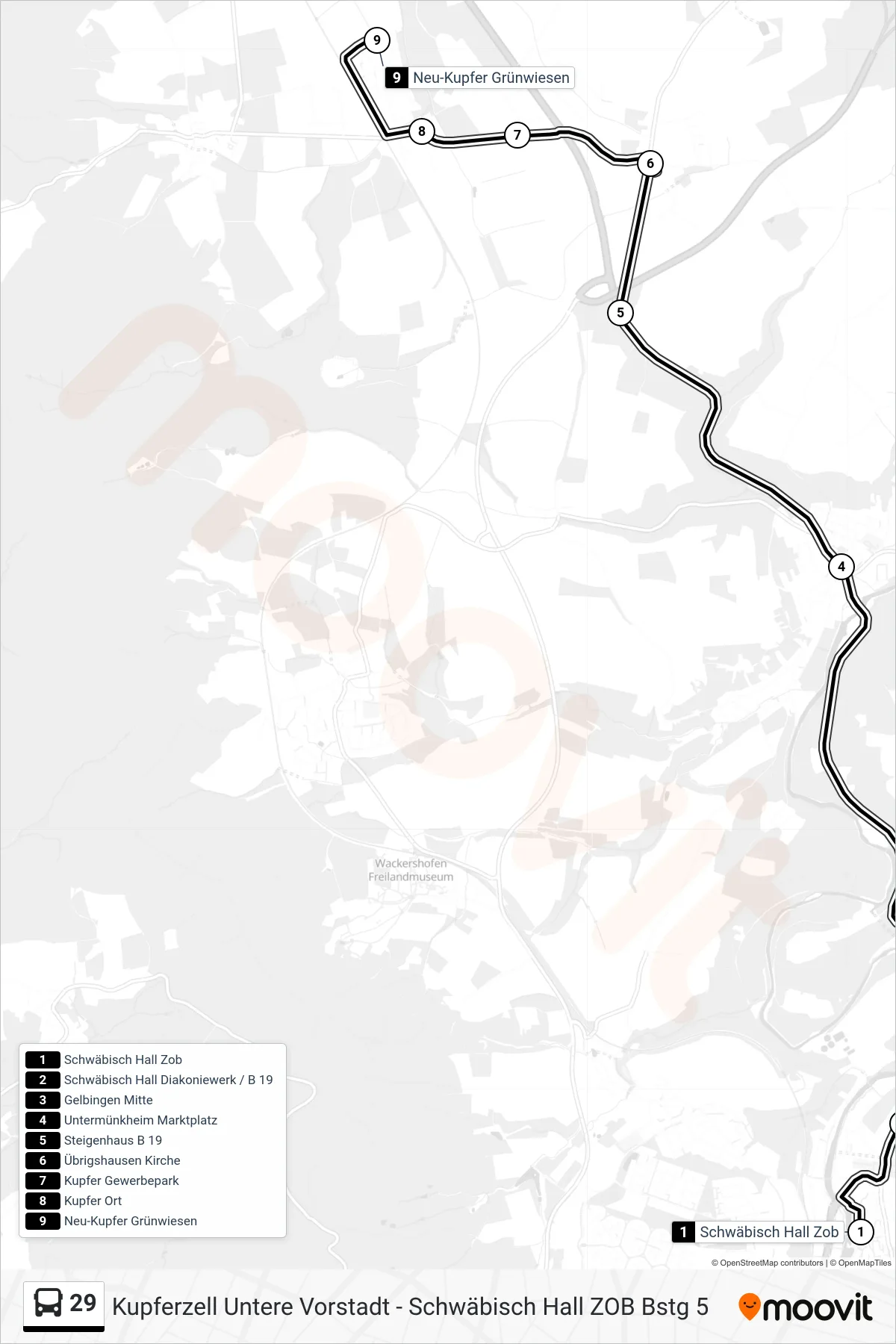 29 bus Line (Neu-Kupfer Grünwiesen) route and stops on a map