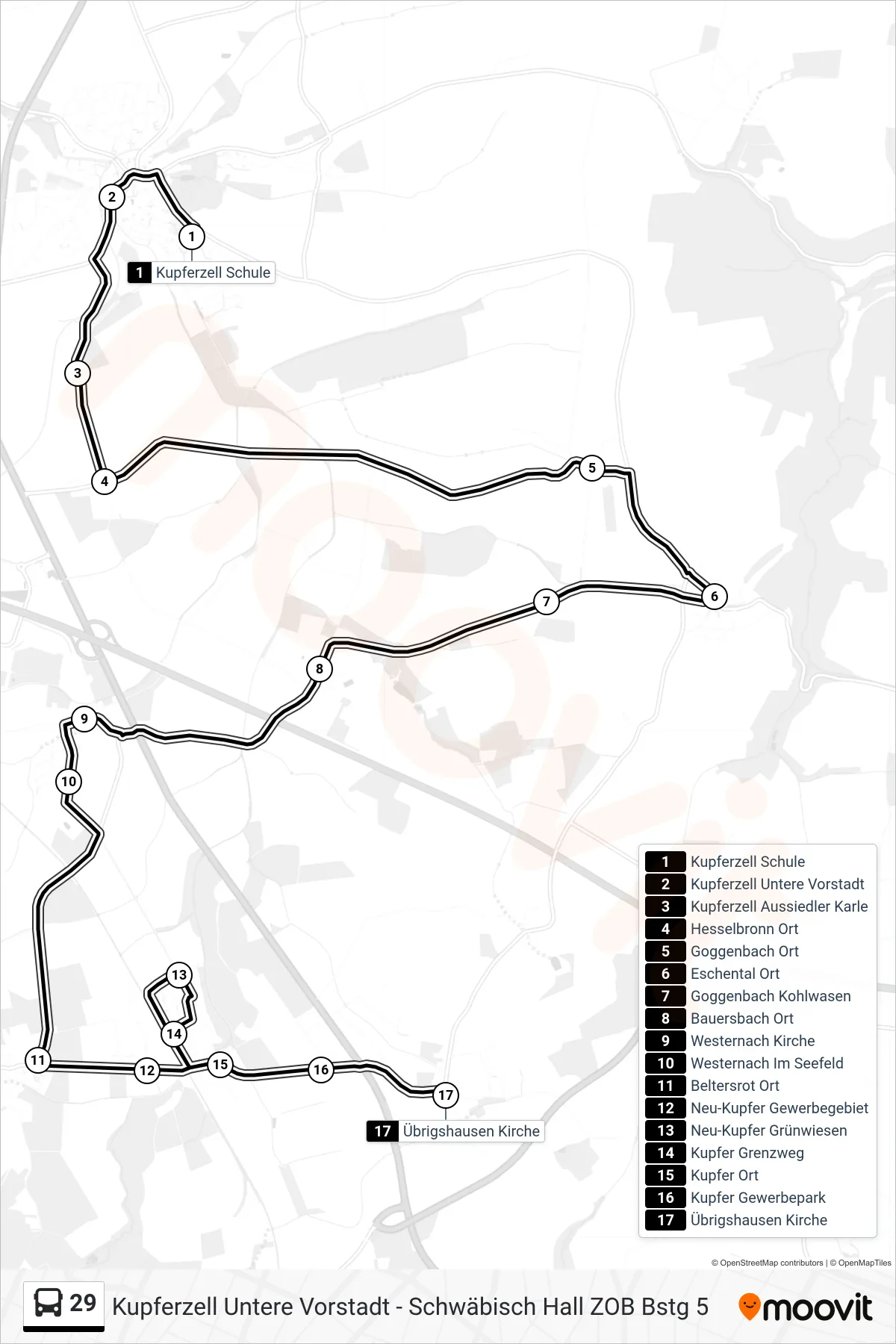29 bus Line (Übrigshausen Kirche) route and stops on a map