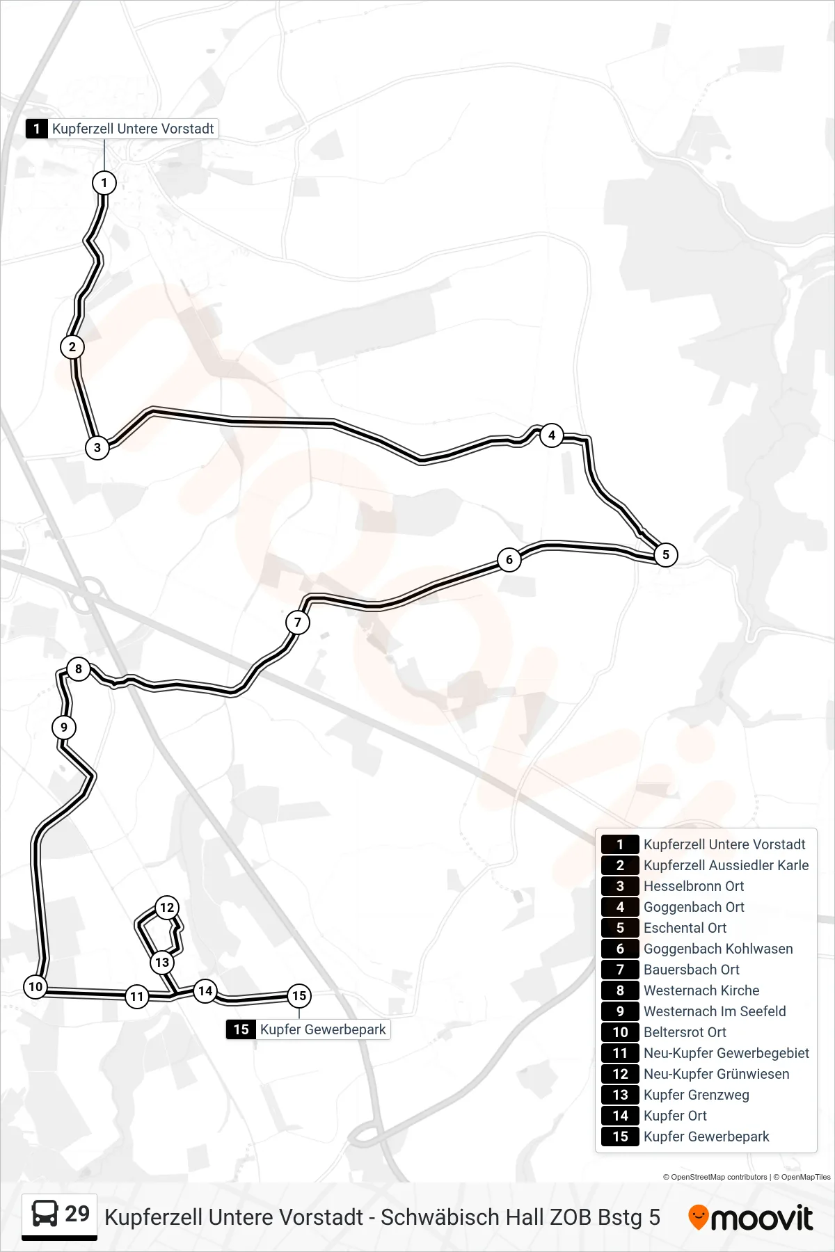 29 bus Line (Kupfer Gewerbepark) route and stops on a map