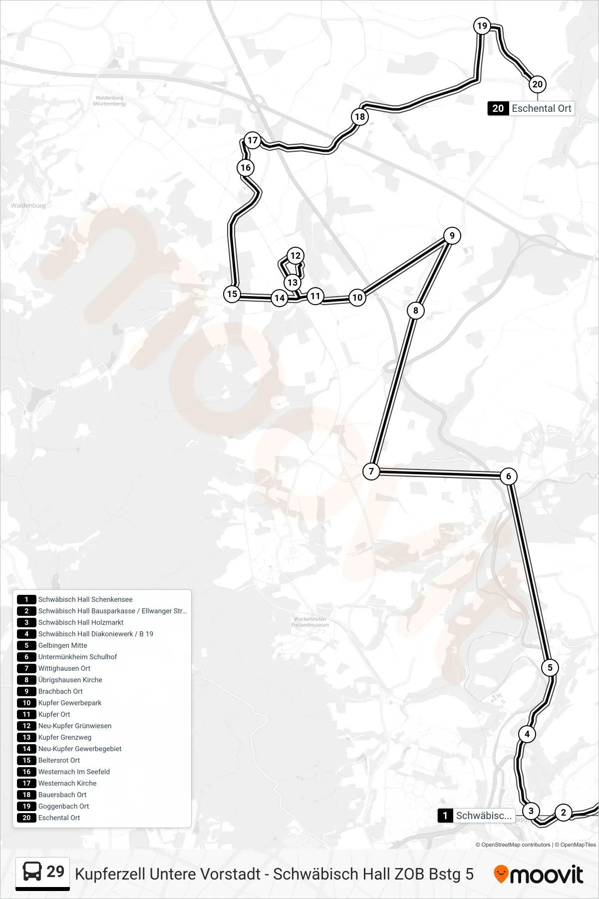29 bus Line (Eschental Ort) route and stops on a map