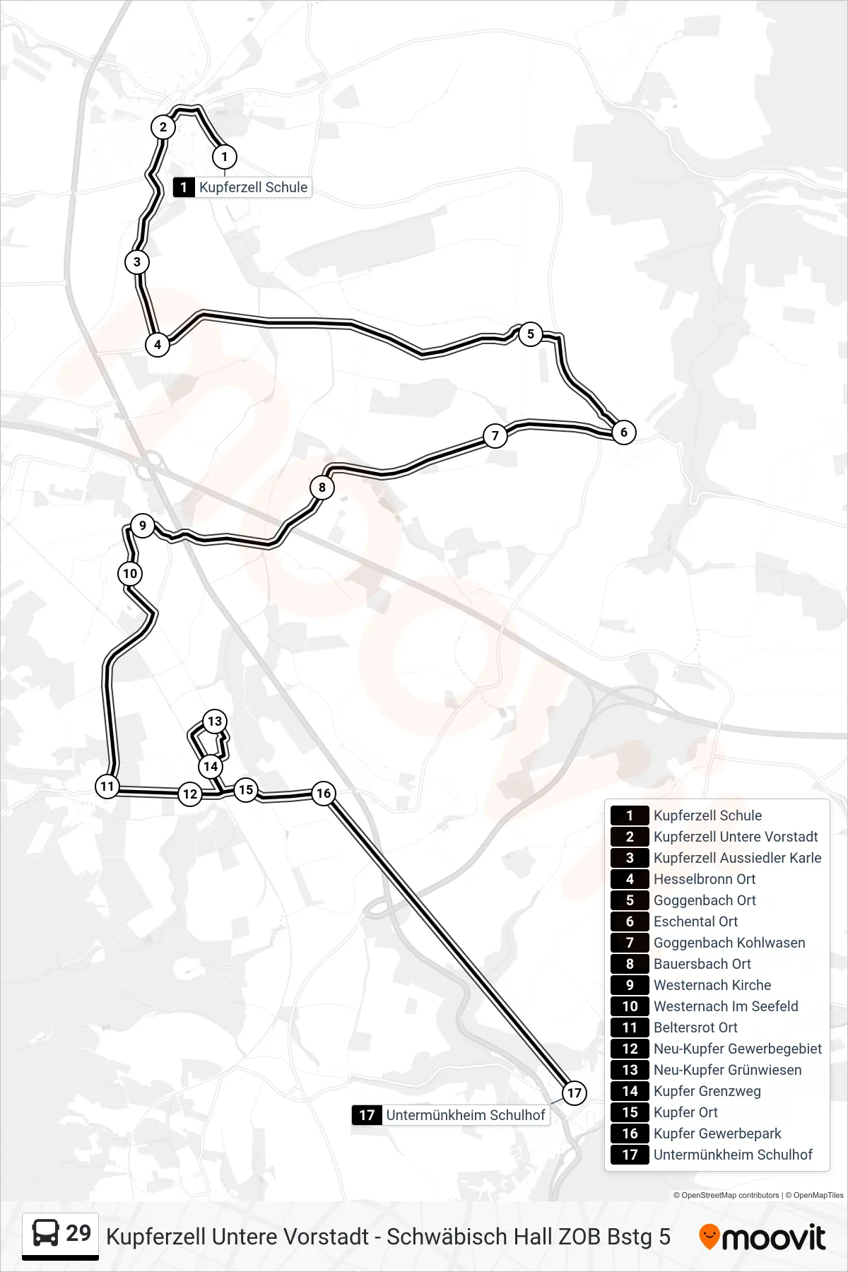 29 bus Line (Untermünkheim Schulhof) route and stops on a map